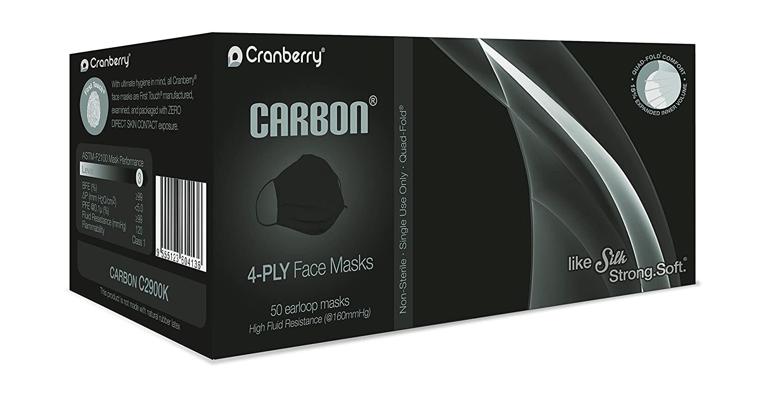 Cranberry C2900K BeeSure Carbon Face Masks 4 Ply Fluid Resistant Black 50/Pk