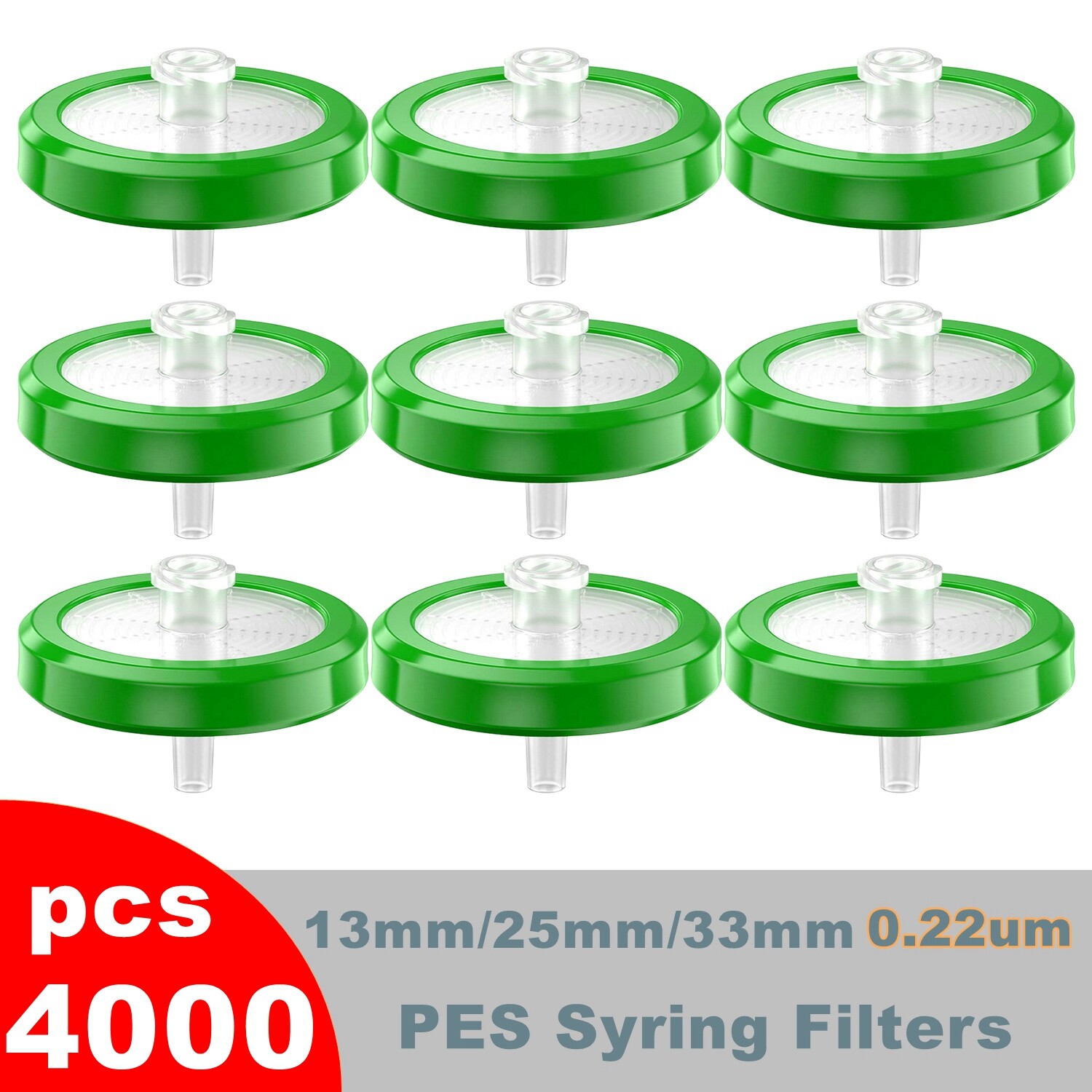 4000PCS PES Membrane HPLC Syringe Filters 13mm/25mm/33mm 0.22μm Pore Size Green
