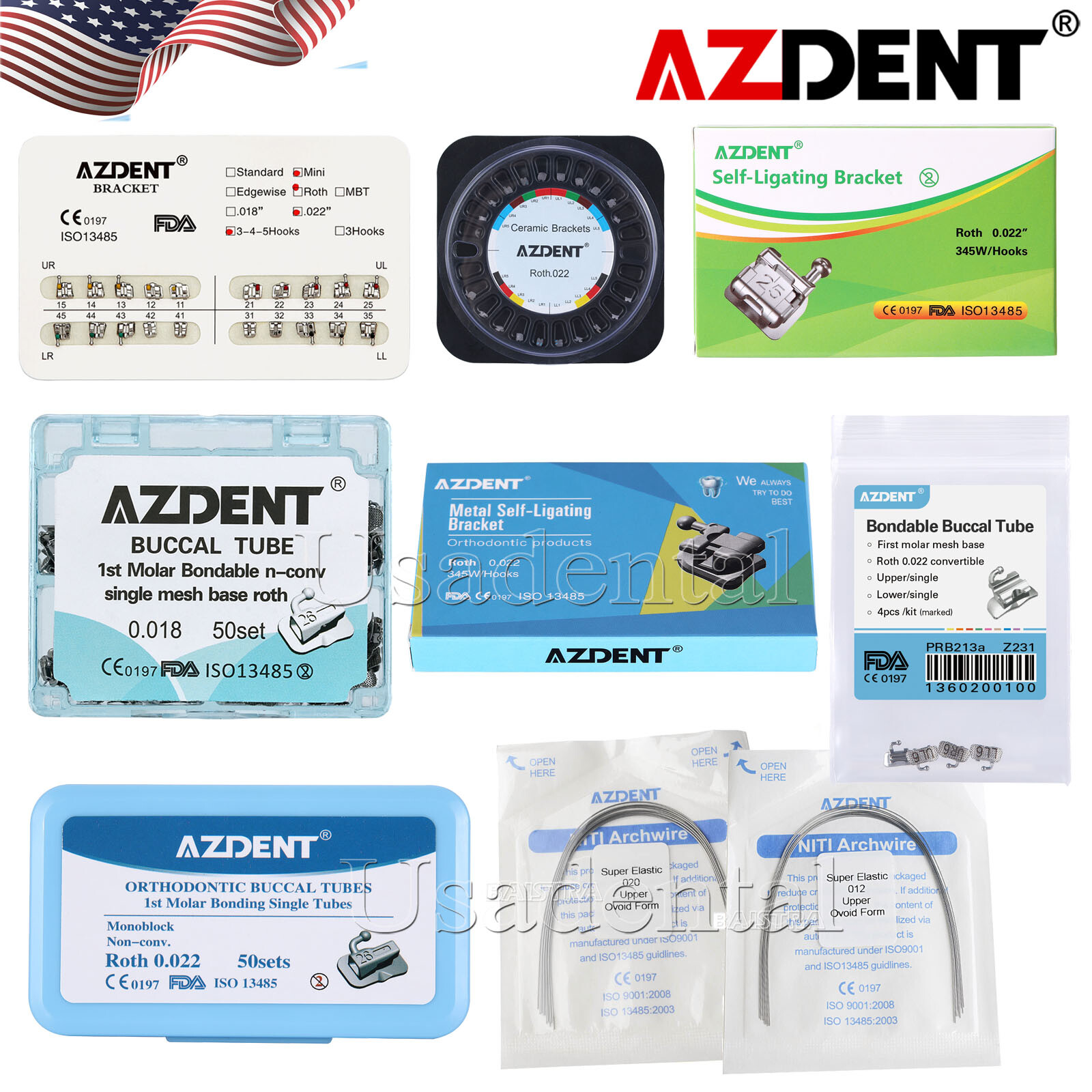 AZDENT Dental Ortho Brackets MBT Roth/Buccal Tubes 1st 2nd Molar/Niti Arch Wires