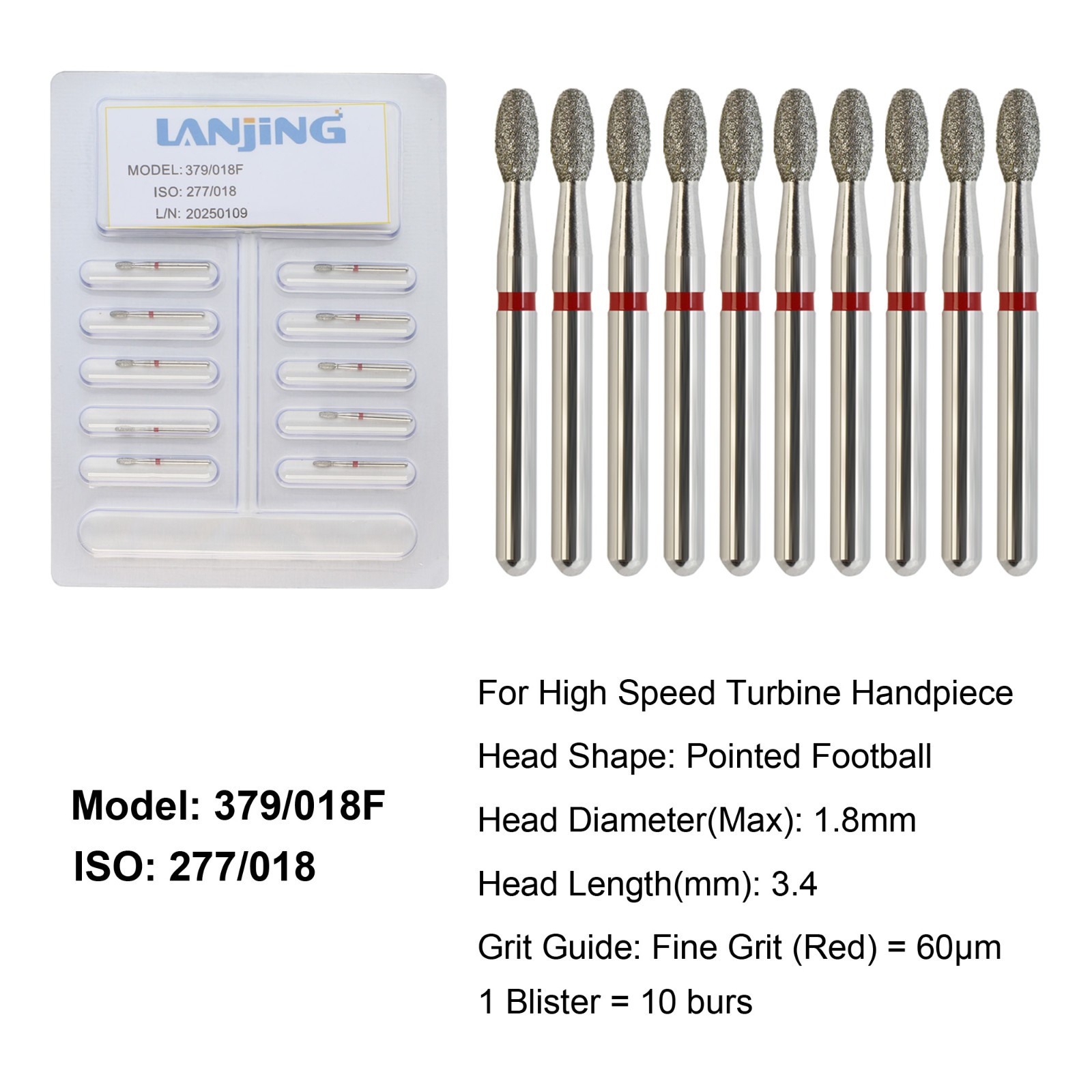Dental Diamond Burs Round End Taper Football Coarse Fine High Speed 856 850 379