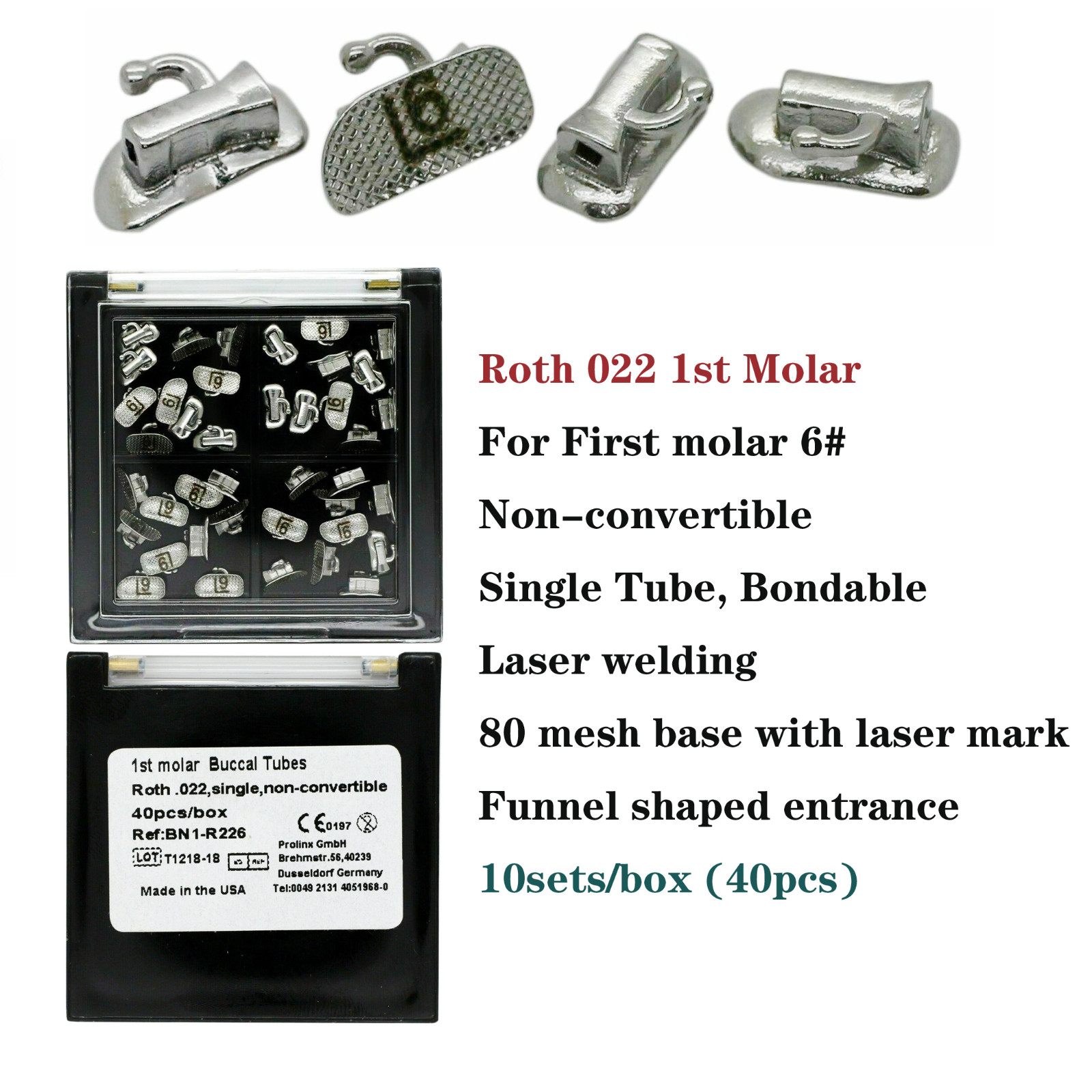 10 sets Dental Orthodontic Buccal Tube 1st 2nd Molar Bracket Roth 022 Mesh Tubes