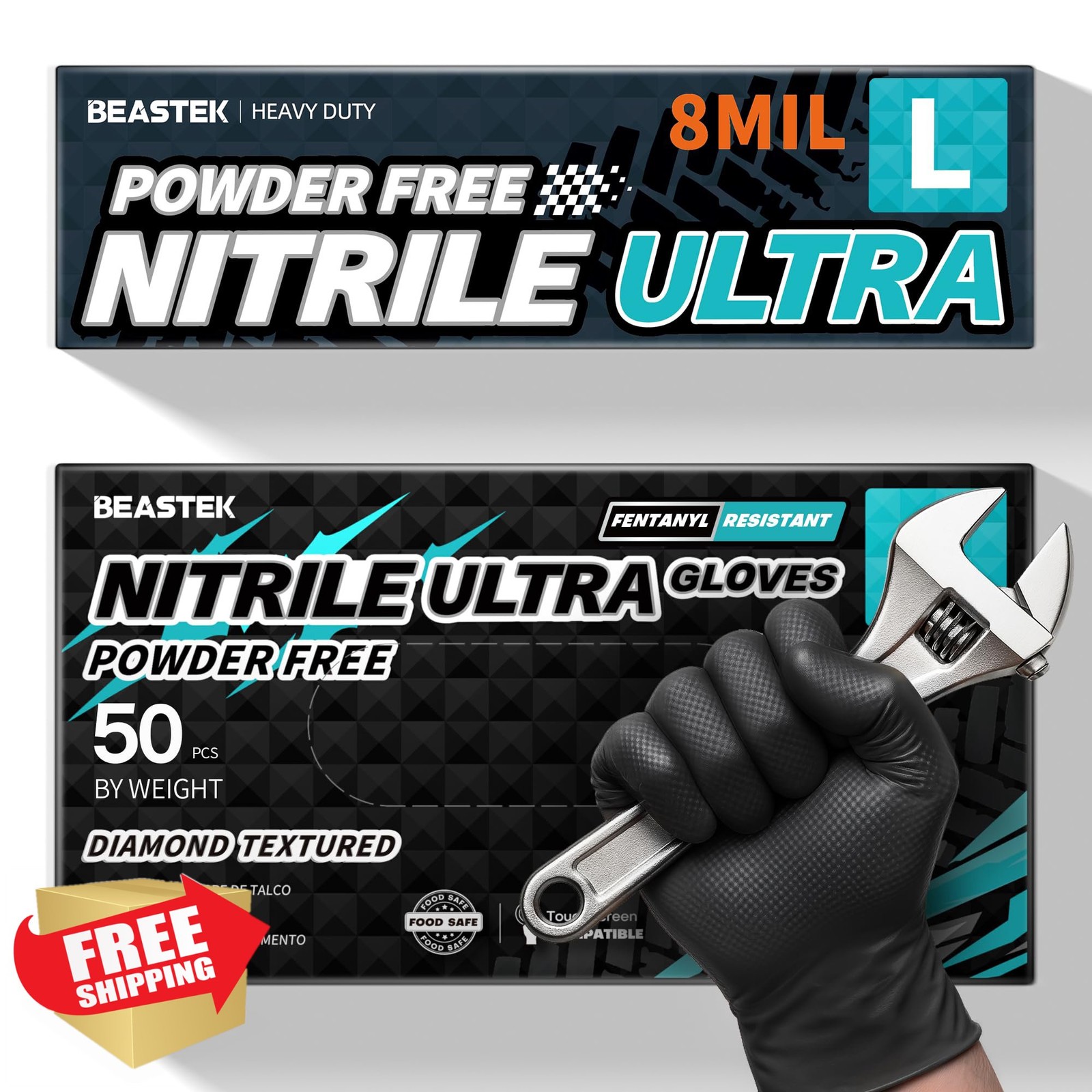 Beastek 8Mil Black Nitrile Gloves, Heavy Duty Food Safe, Latex Powder Free (50)