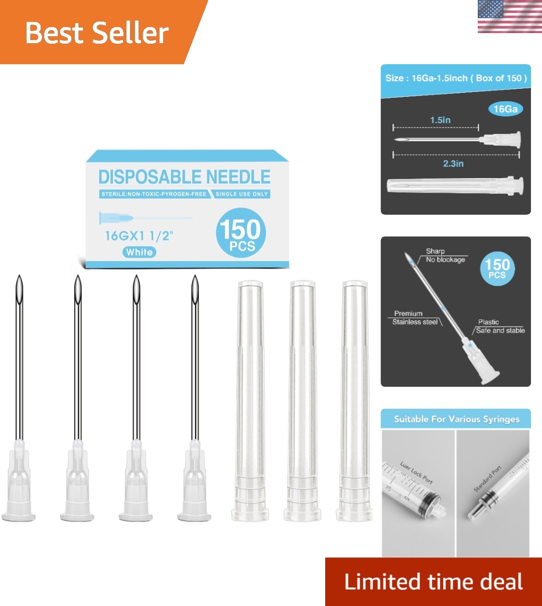 High-Quality Disposable 150 Count 1.5 Inch Luer Lock Needles for Industry Use