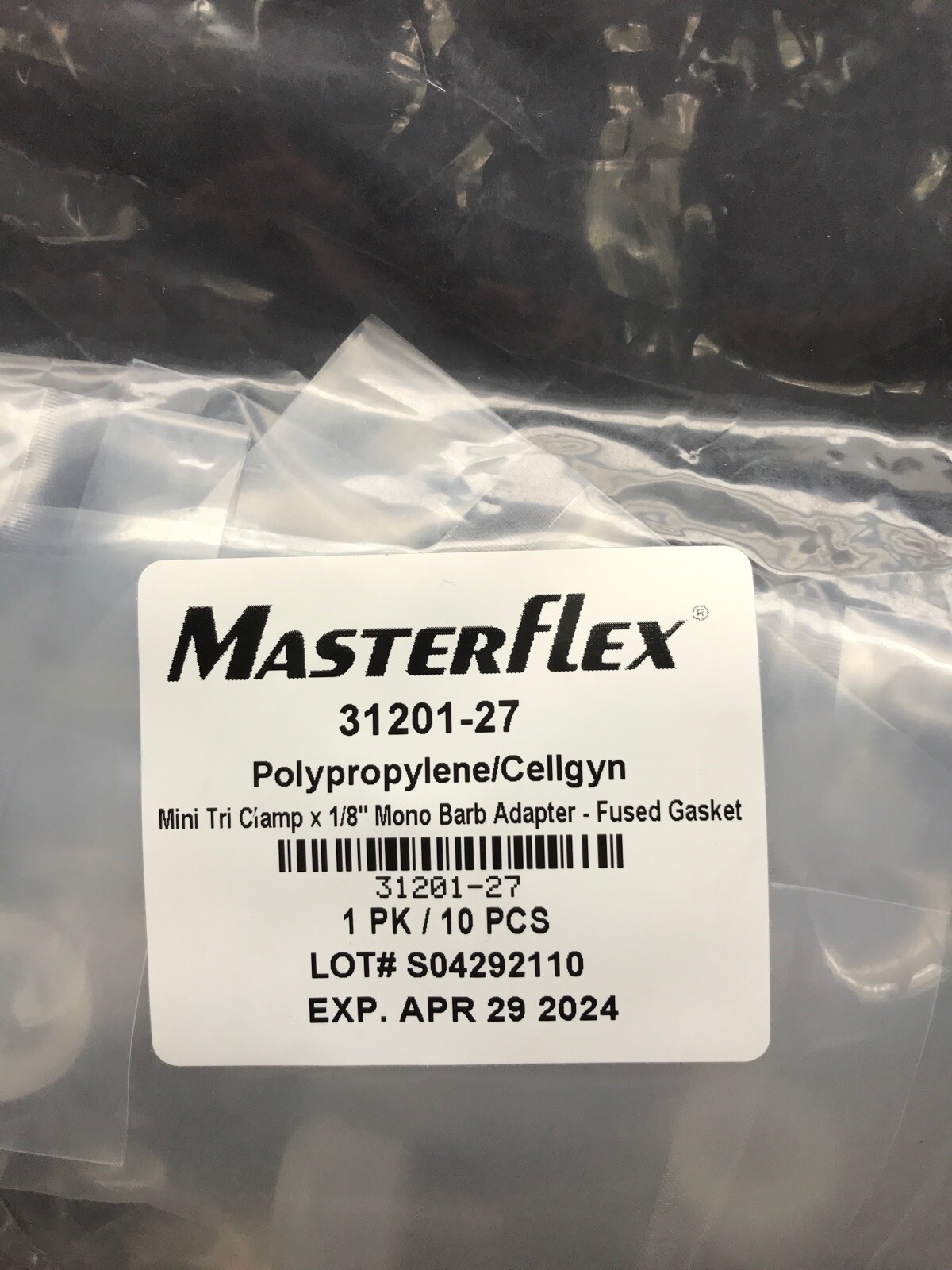 (10/Pk) MASTERFLEX Adapter Fitting Sanitary Clamp to Hose Barb TPE Fused Gasket