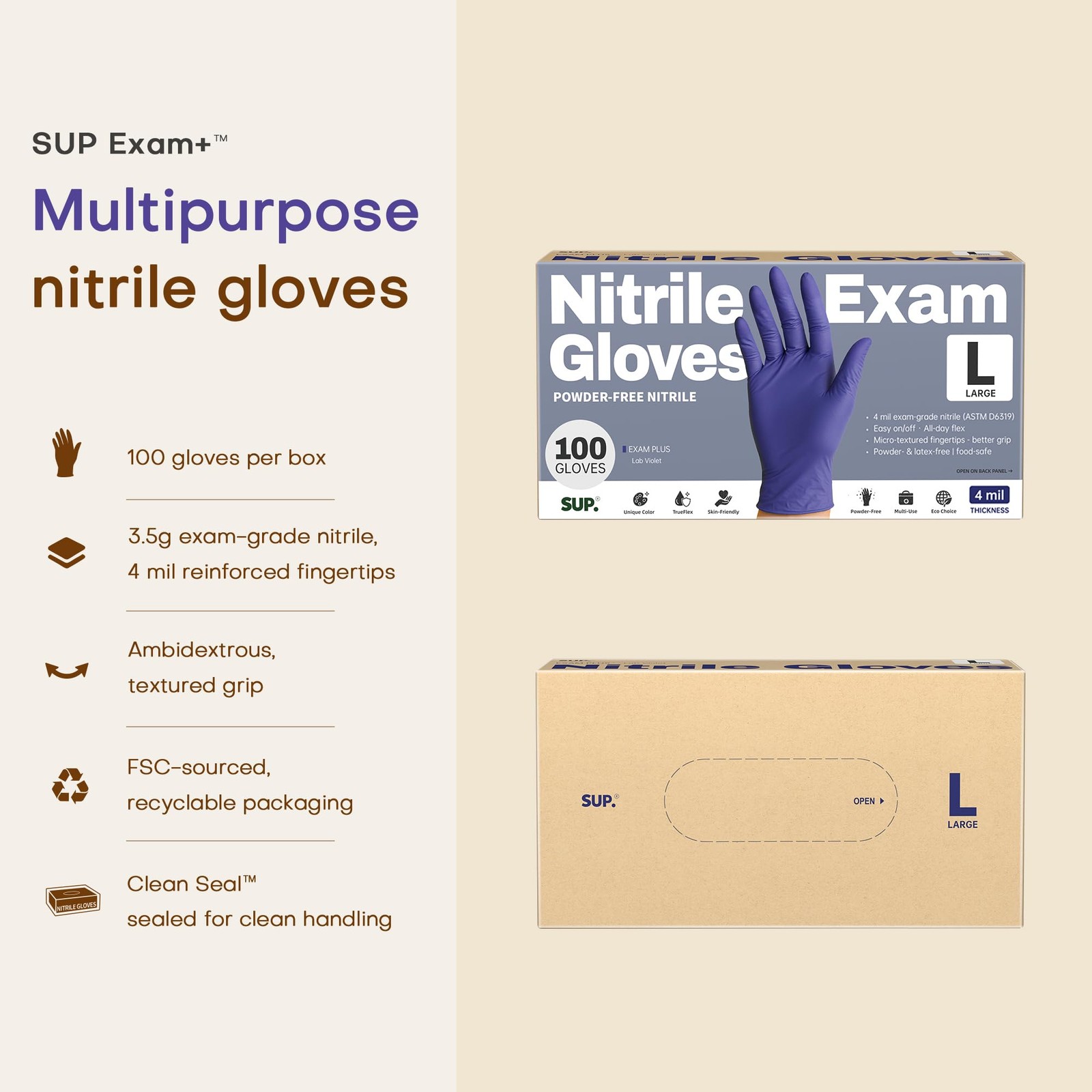 SUP Powder-Free Nitrile Exam Gloves, 100 Large, 100 Large (Blue Violet)
