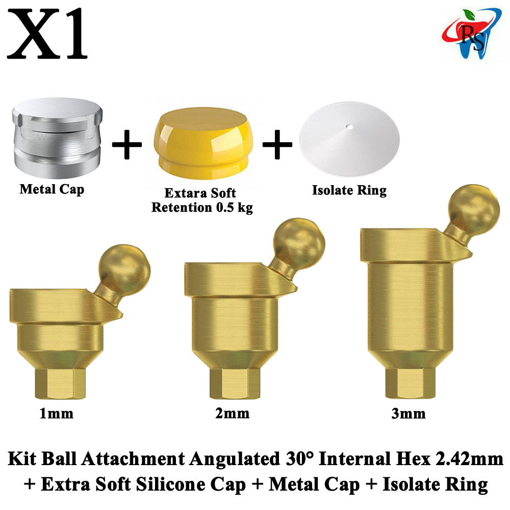 1x Kit Angulated 30° Ball Attachment Extra Soft Cap Metal Cap Isolate Ring Dent
