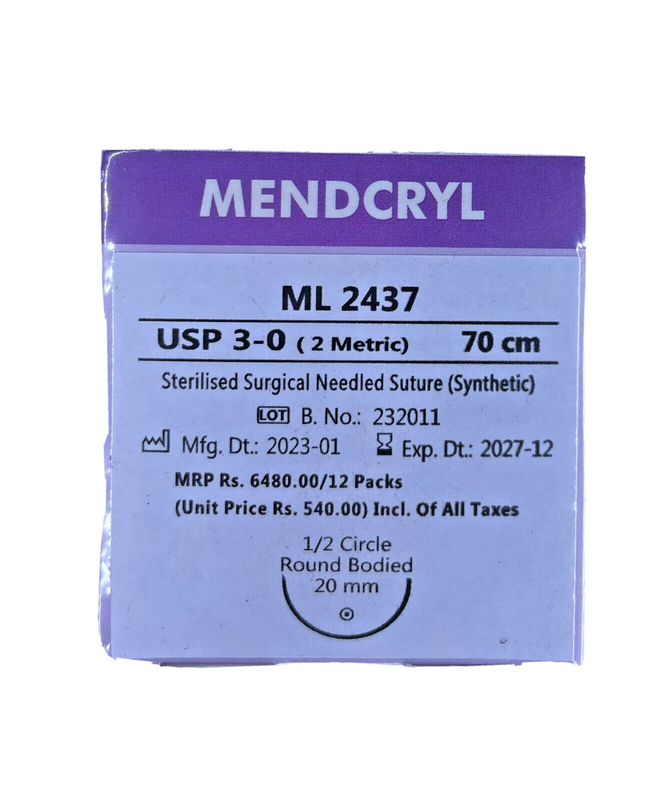 MENDCRYL BRAIDED POLYGLACTIN SURGICAL SUTURE ML2437 USP 3-0 (2 METRIC) 70CM 12PC