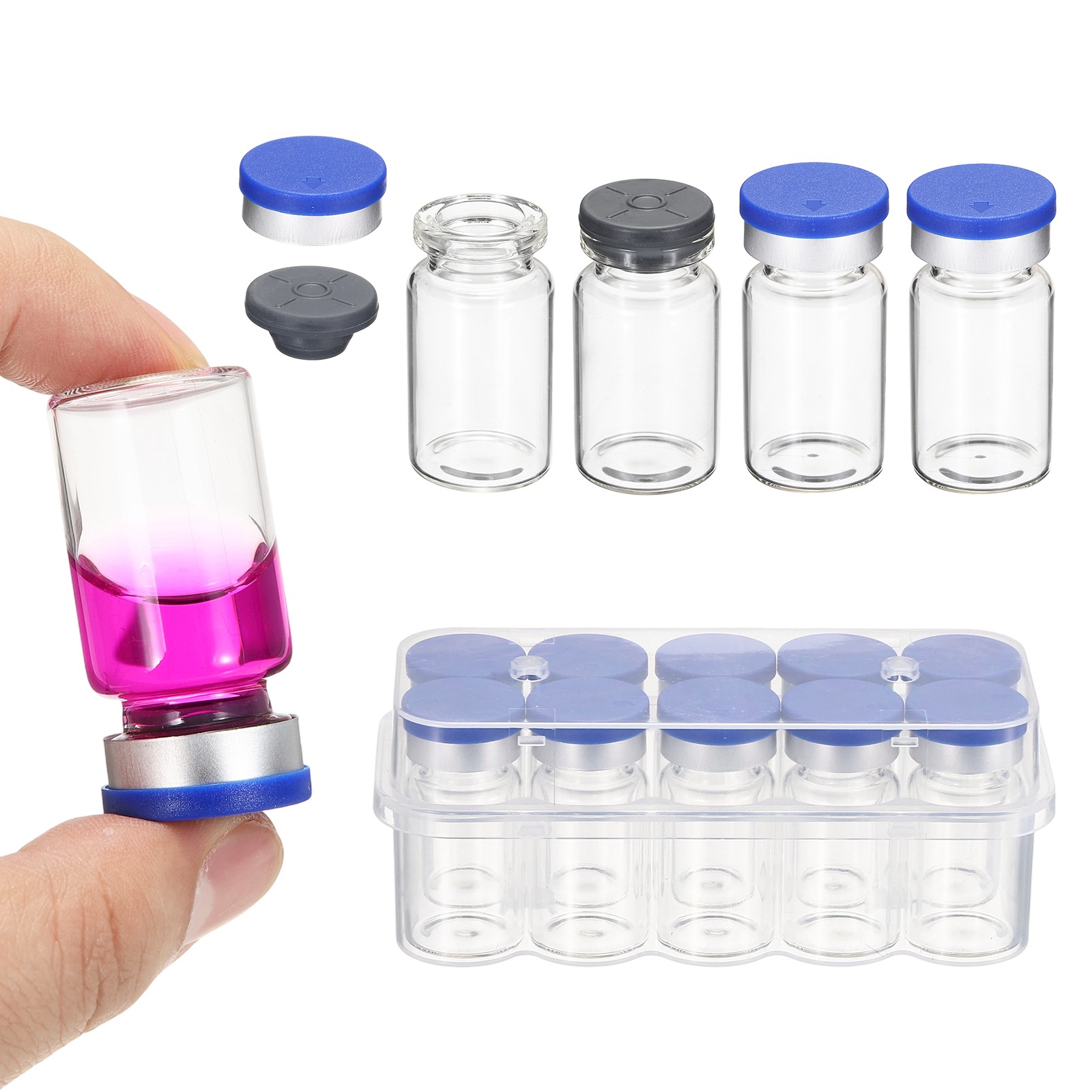 10 Pack 7ml Lab Empty Vials for Injection, Transparent and Blue