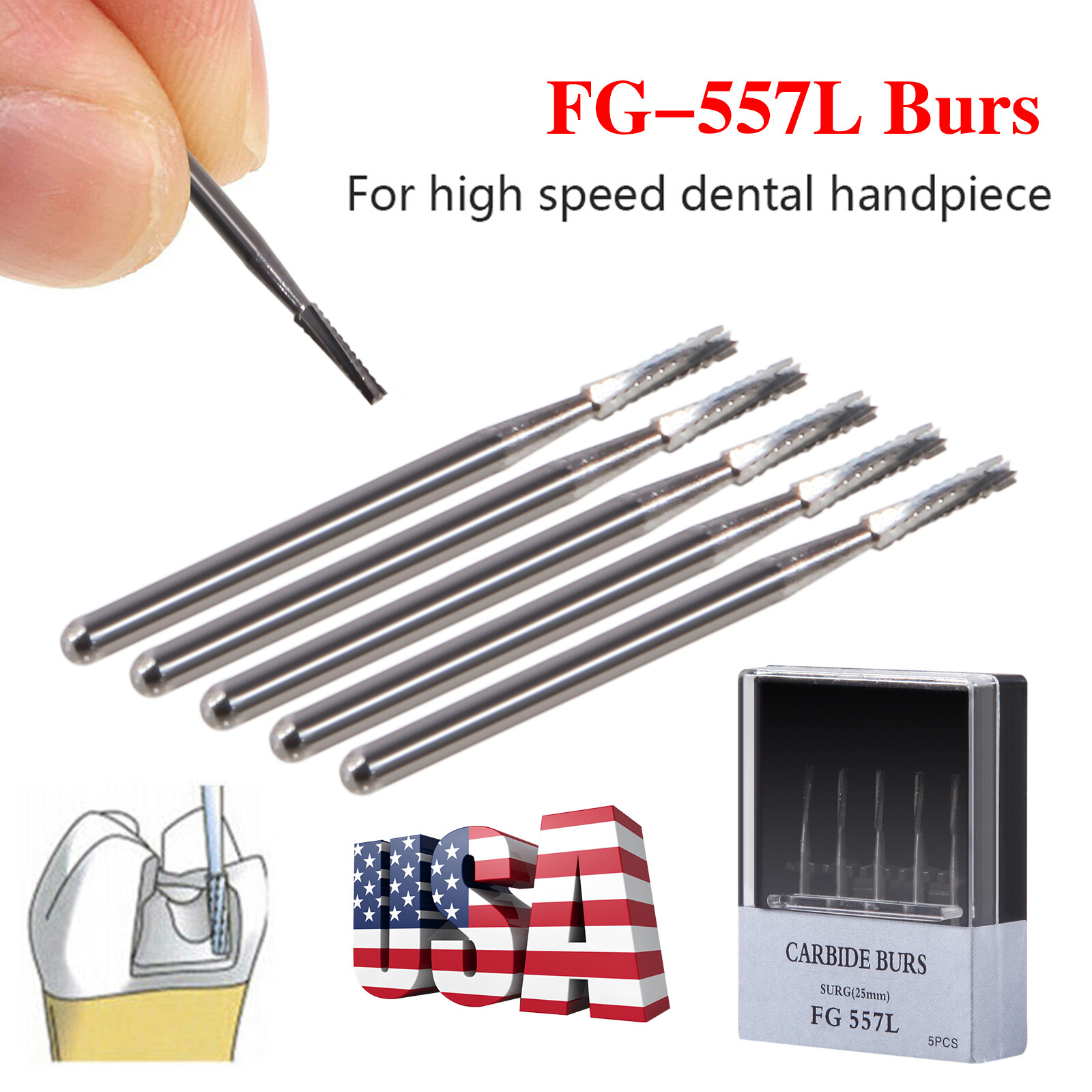 USA Carbide Surgical Burs FG 557L SURG 25mm Bur for High Speed Dental Handpiece