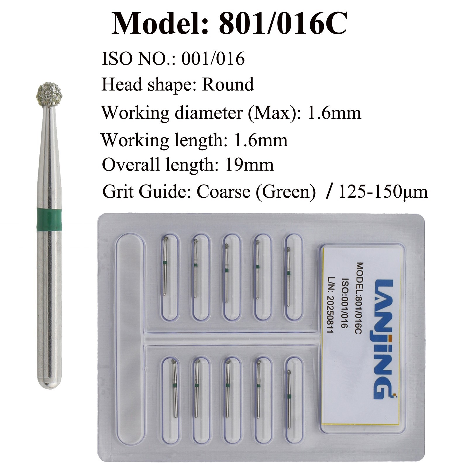 Dental Diamond Round Burs FG 801 801L Bur 1.2/1.4/1.6/1.8mm Fine Coarse Medium