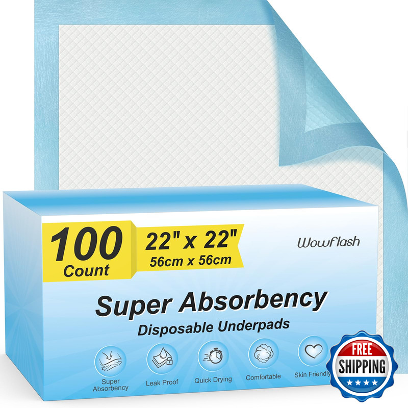 Wowflash 100 Count 22 X 22 Super Absorbency Disposable Underpads Leakproof