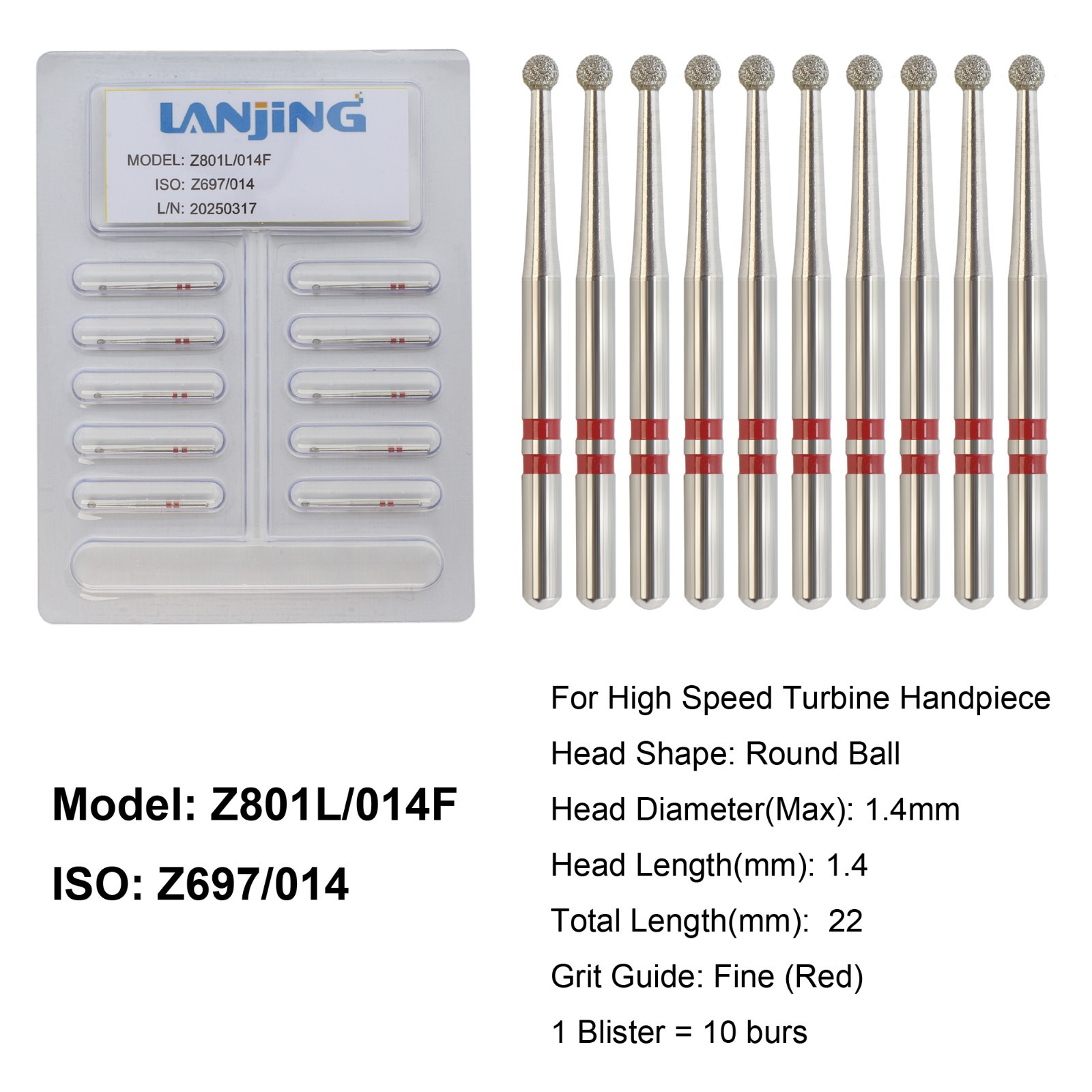 Dental Zirconia Diamond Burs FG Round End Taper Football Round Ball Fine Medium