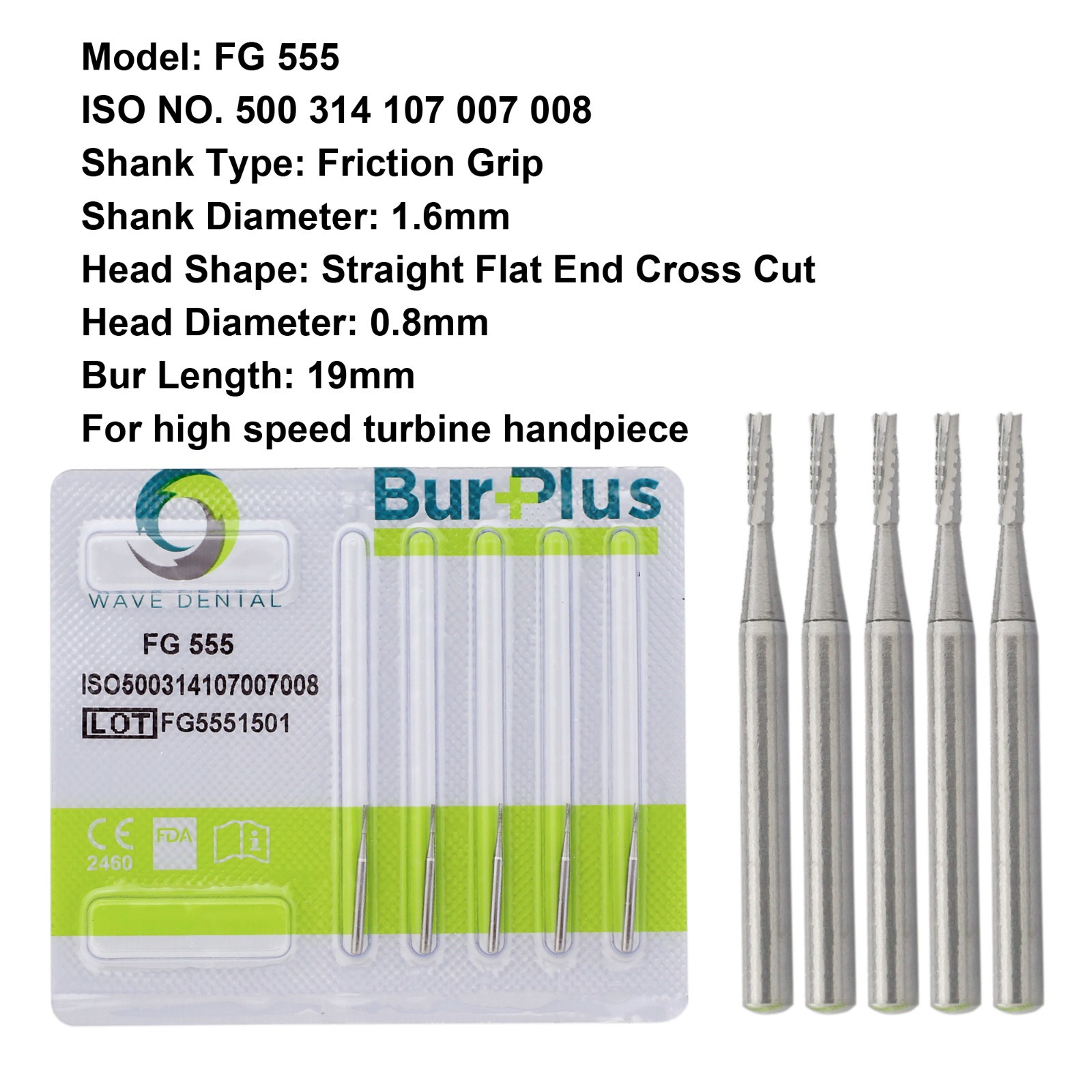WAVE Dental Carbide Burs Straight Flat End Bur FG 56 556 557L 558 Friction Grip