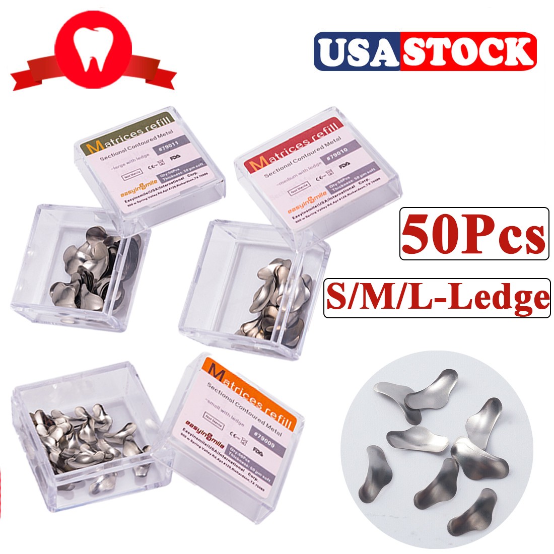 50Pc Dental Metal Matrix Bands Sectional Contoured Refill Matrices S/M/L 50μm