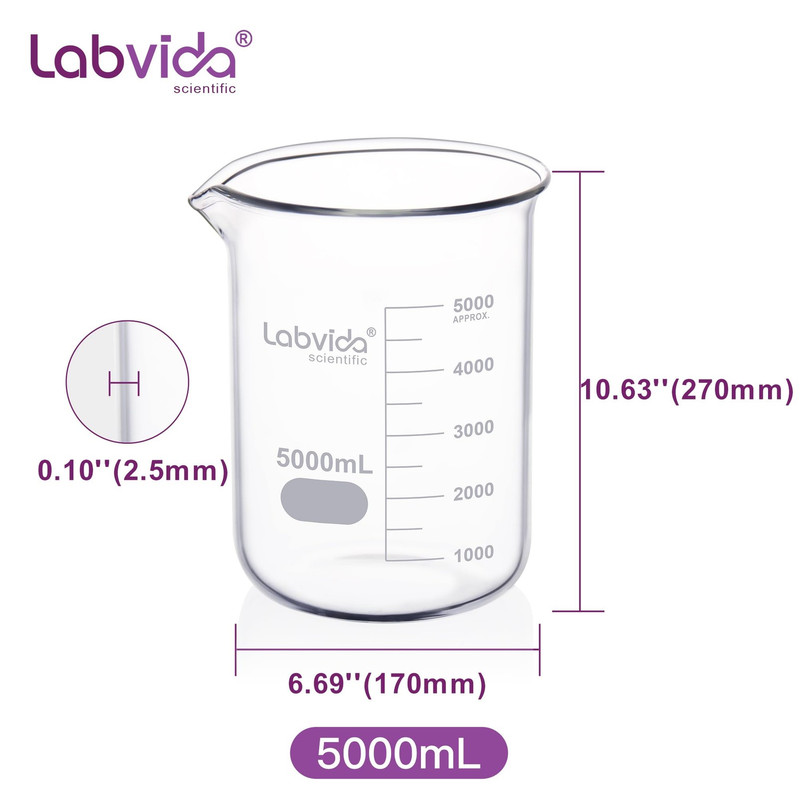 Griffin Low Form Glass Beaker, Vol.5000ml, 3.3 Borosilicate with Printed Grad…