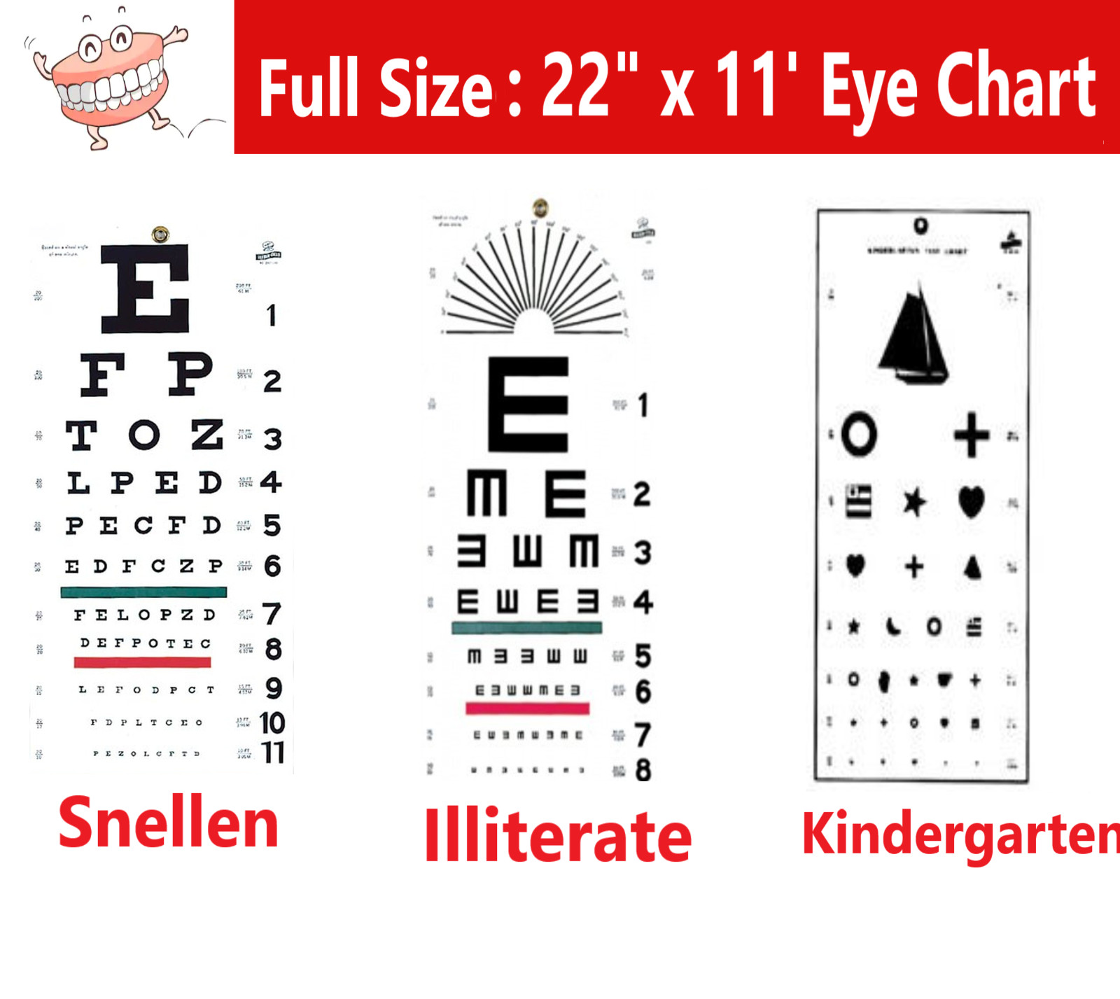 FULL SIZE Snellen Illeterate 22″ x 11″ Plastic Eye Chart Eye Test Wall, Washable