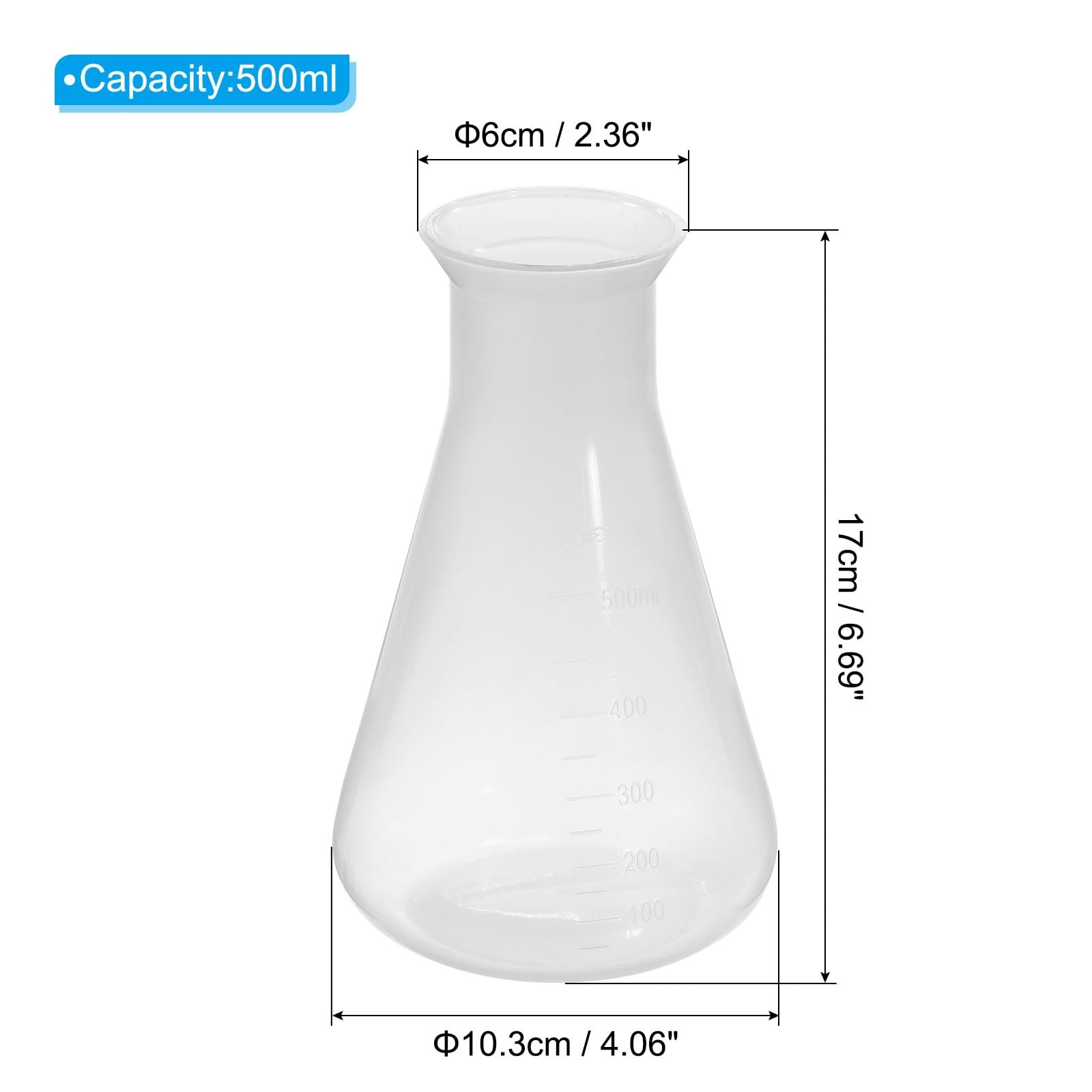 PATIKIL 500ml Plastic Erlenmeyer Flask, 2 Pack Wide Mouth Conical Flask