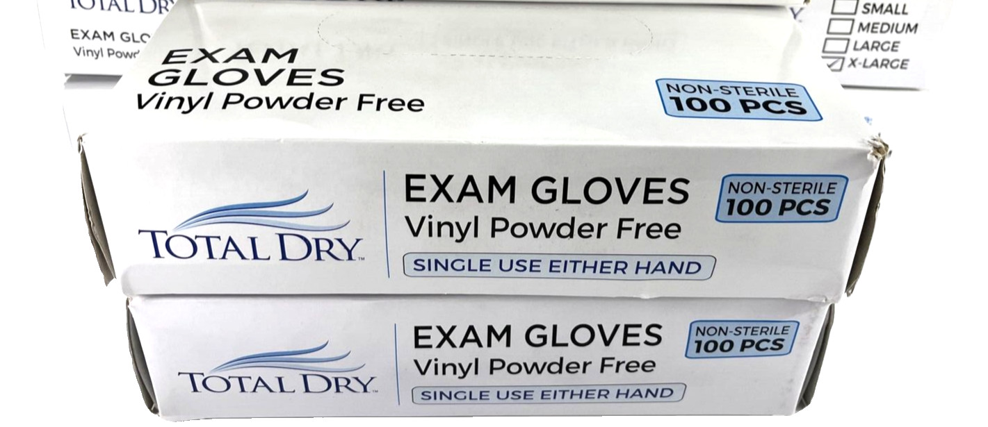 200 PCS/2BXS~ TOTAL DRY Vinyl Powder-Free Medical Exam Gloves ~ X-LRG