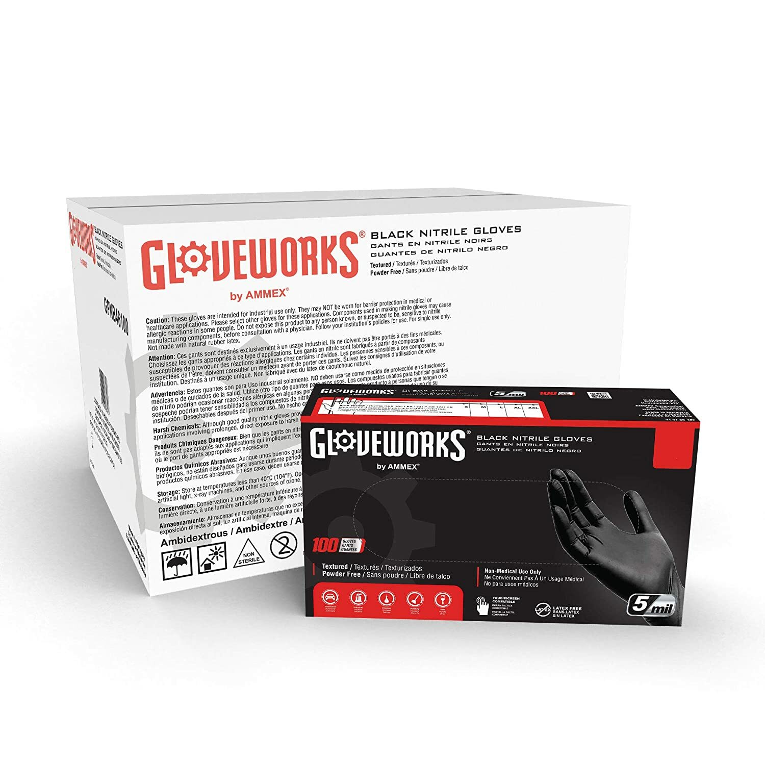 GLOVEWORKS GPNB46100 Industrial Black Nitrile Gloves, 5 Mil, Size Large,