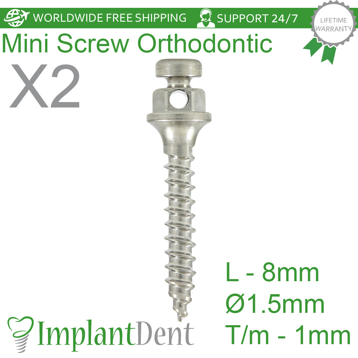 2x Dental Orthodontic Micro Fixture (TADS) T/M-1.0mm, L-8.0mm Mini Screw