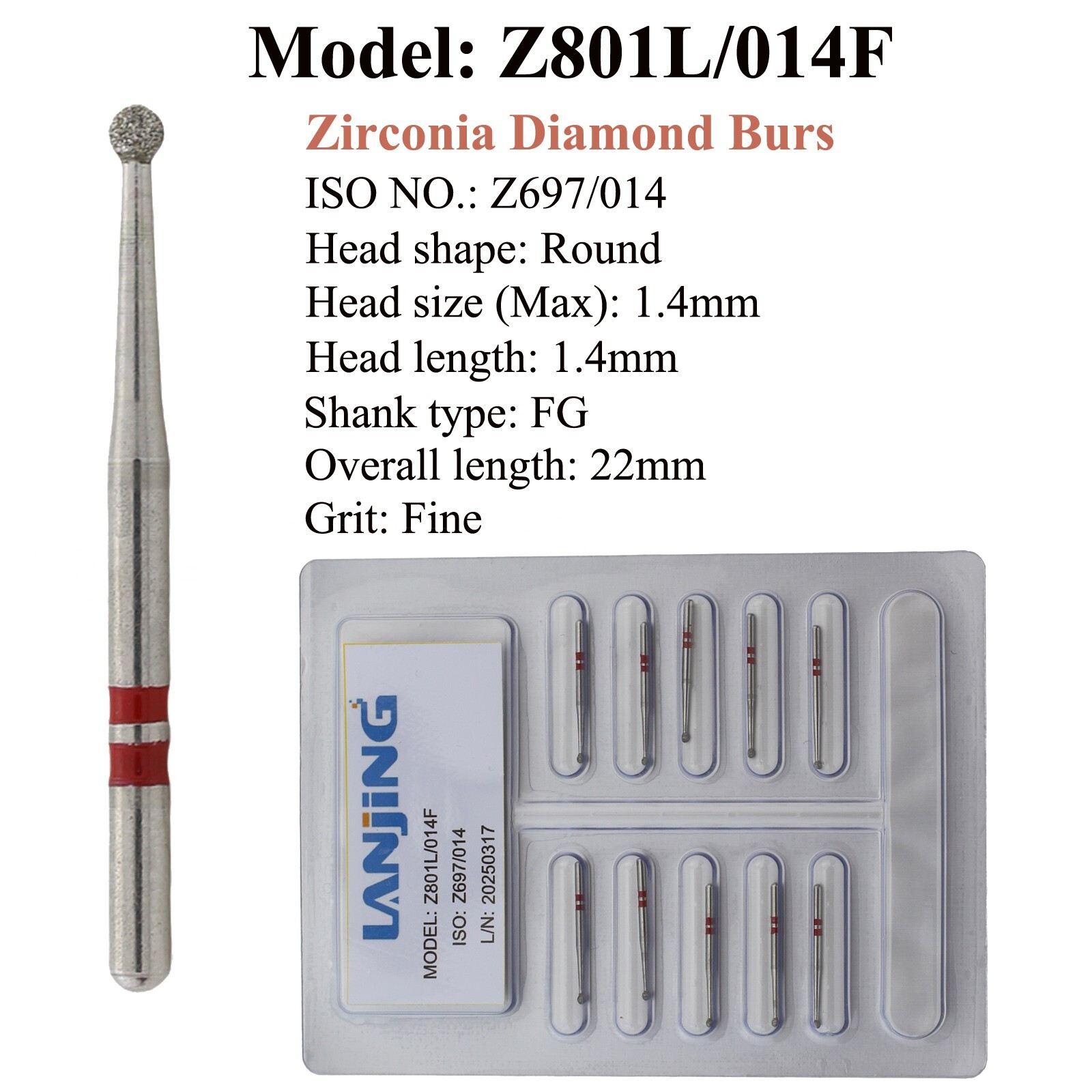 Dental Zirconia Cutting Diamond Burs Ball Round FG Z801 Fine Medium Grit Bur