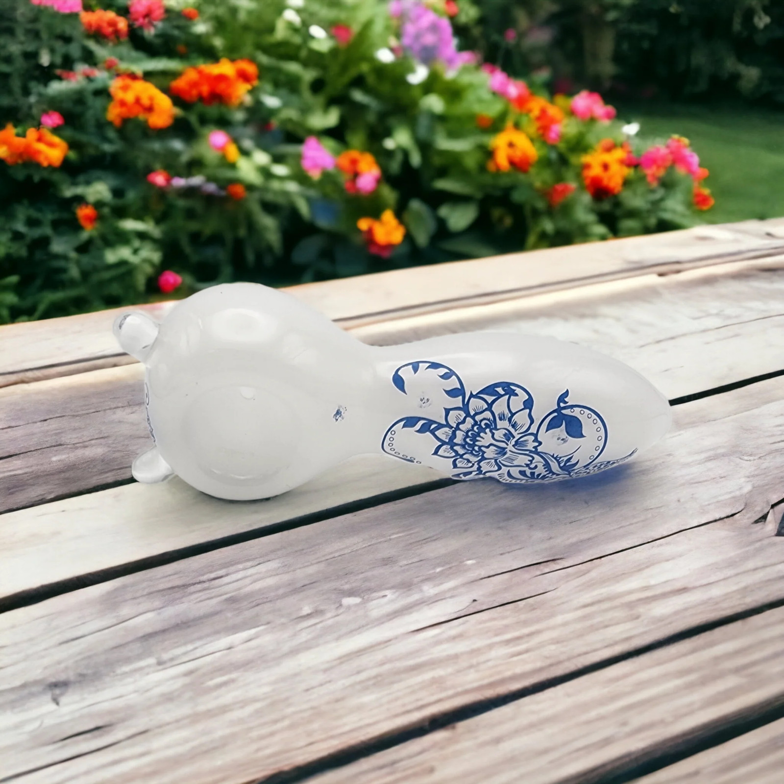 Delicate White Glass Pipe with Blue Flowers