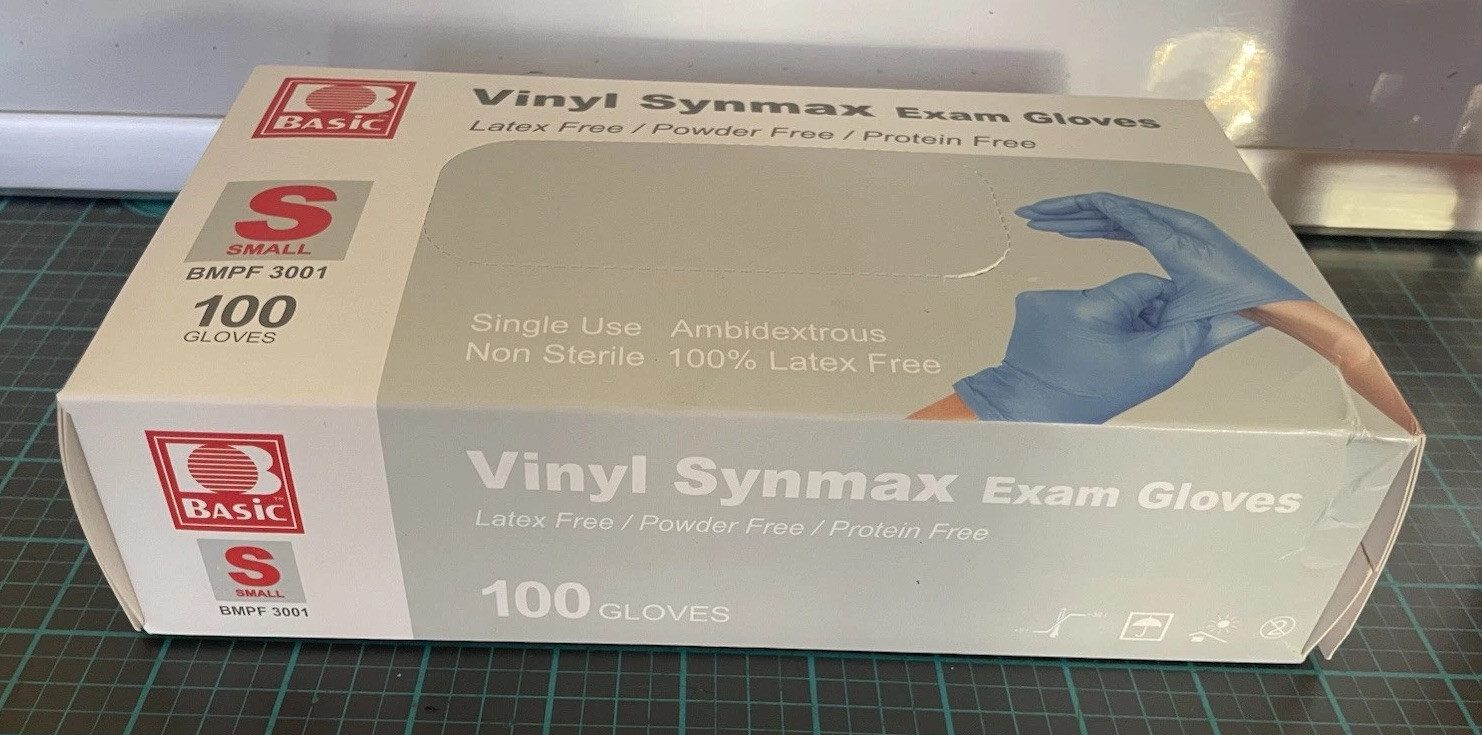 Basic Vinyl Synmax Exam Gloves Small BMPF 3001 Latex Free/Powder Free/Protein Fr