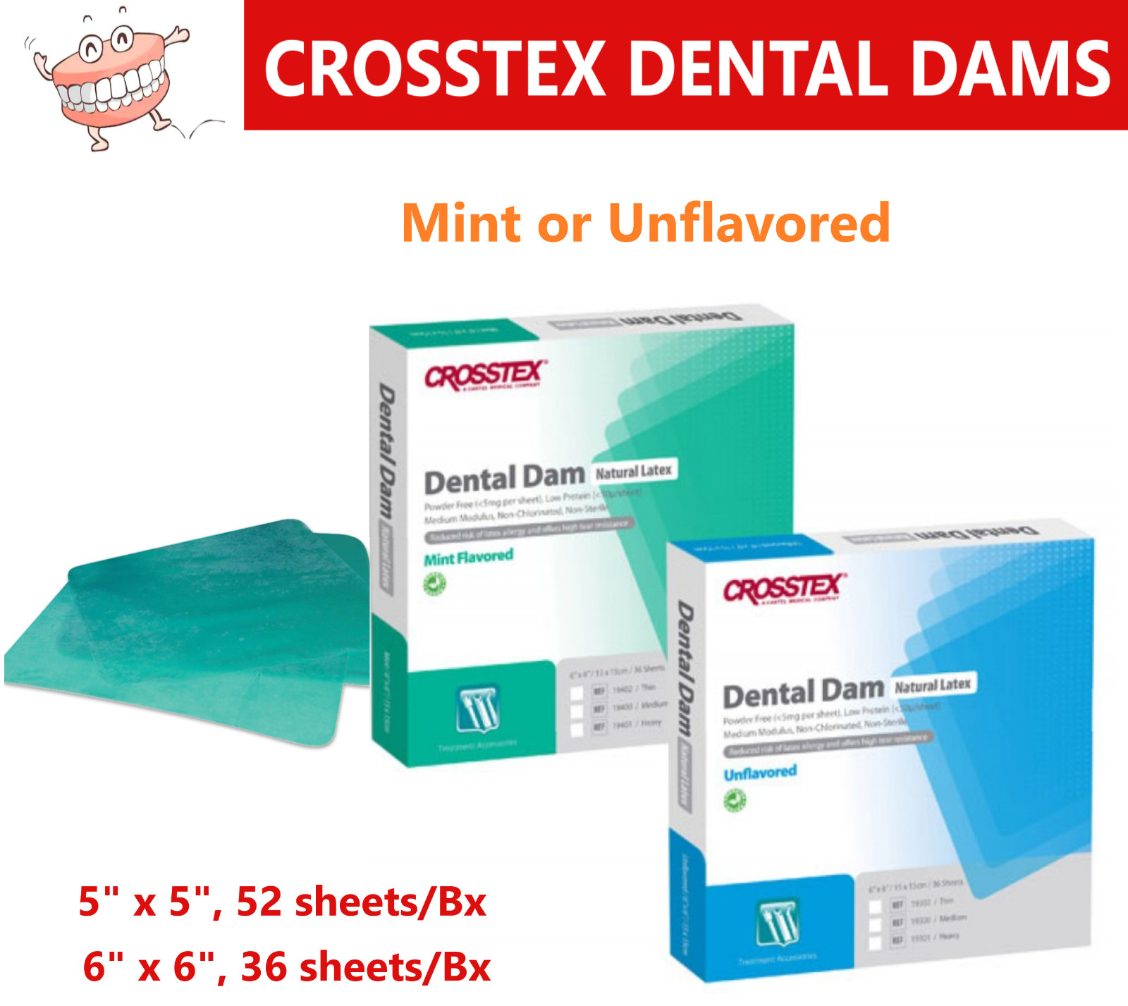 Dental Latex Dental Dam Mint Flavored, Green, 5″ x 5″, 6″x6″, 52/Box – Crosstex