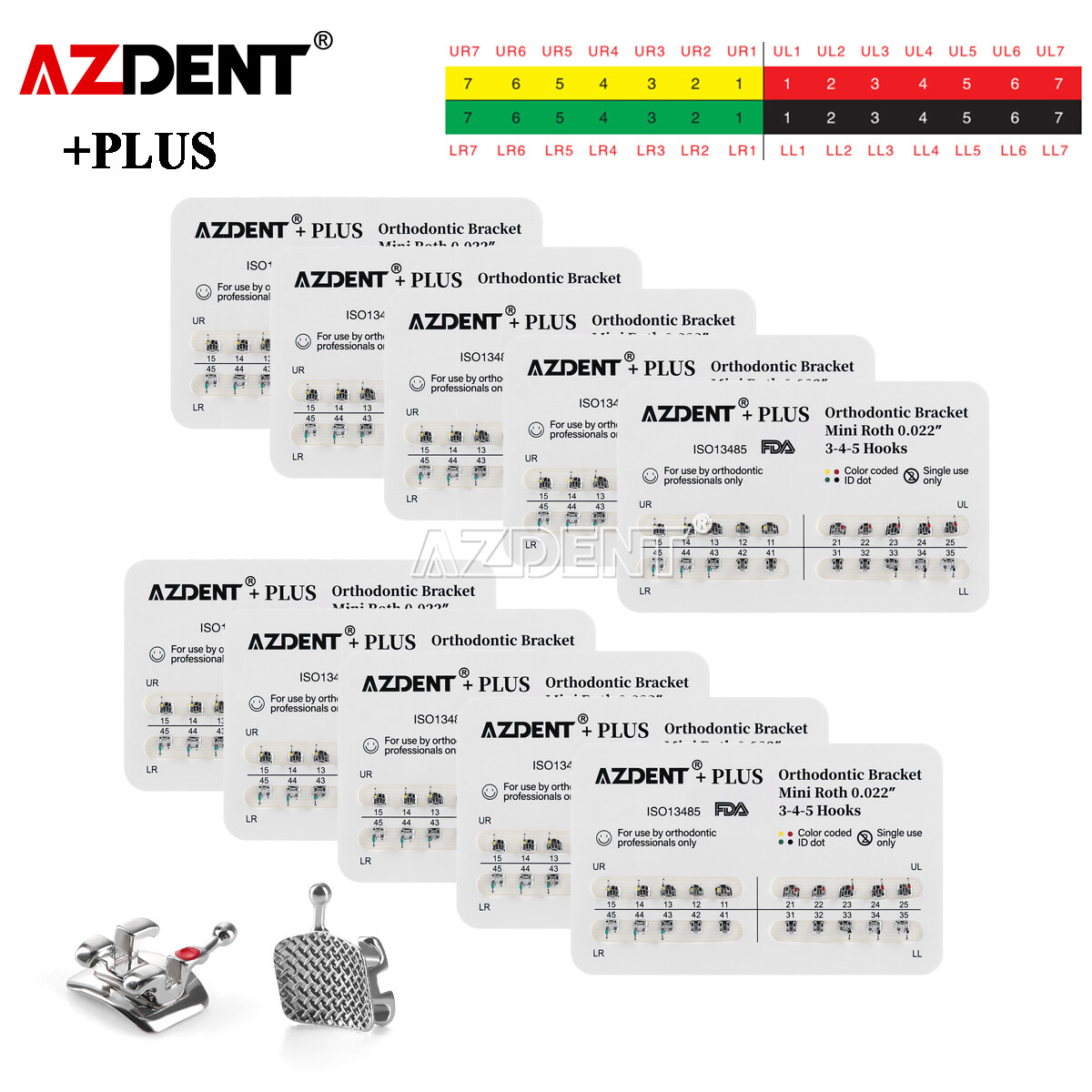 10X AZDENT PLUS Dental Orthodontic Brackets Braces Mini Roth.022/MBT022 Hook 345