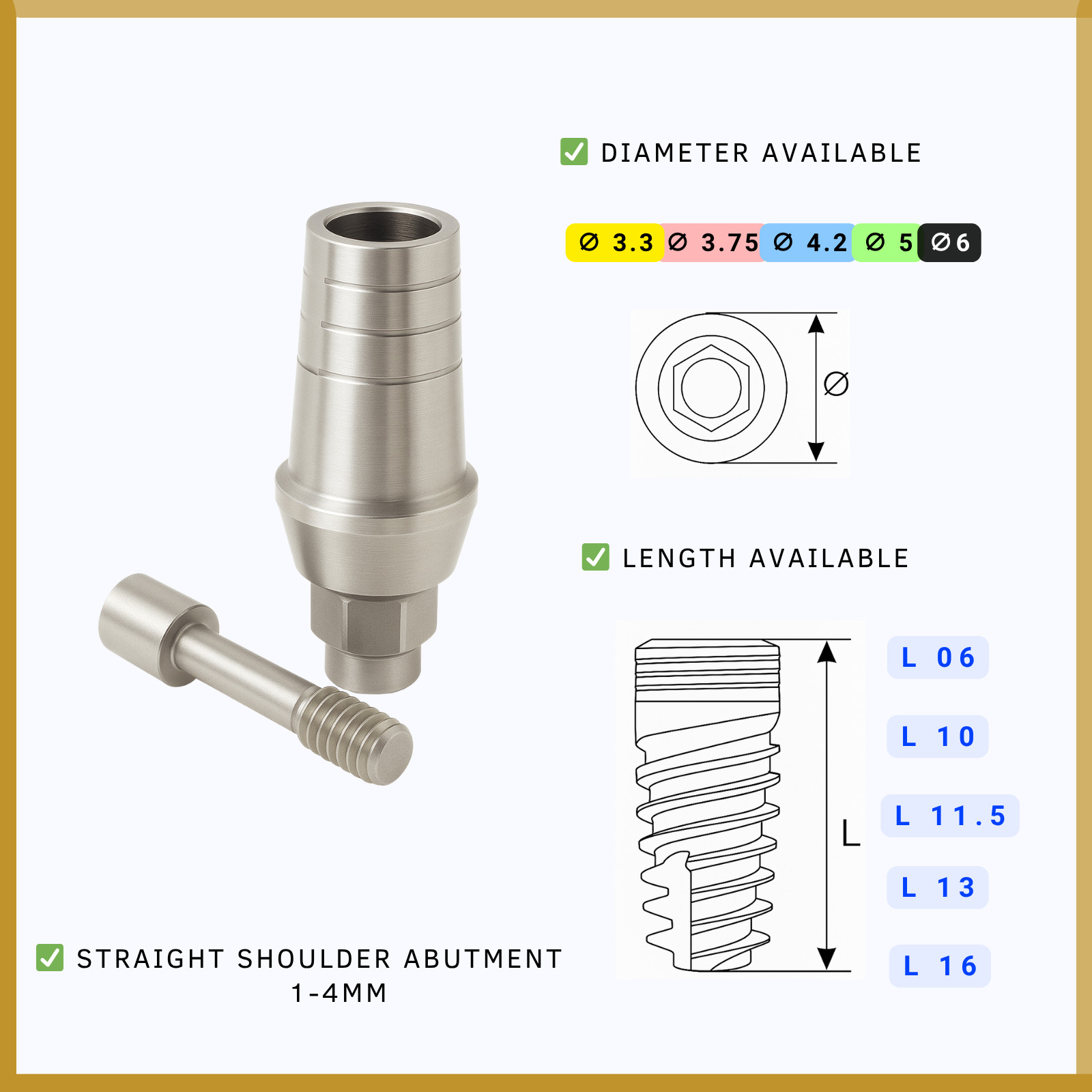 Shoulder Straight Abutment 1–4mm + Screw | Internal Hex System 2.42 | Dental Lab
