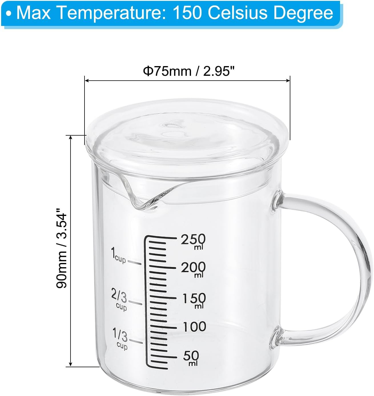 250Ml Glass Measuring Cup, 3.3 Borosilicate Graduated Black Printed Scale Liquid