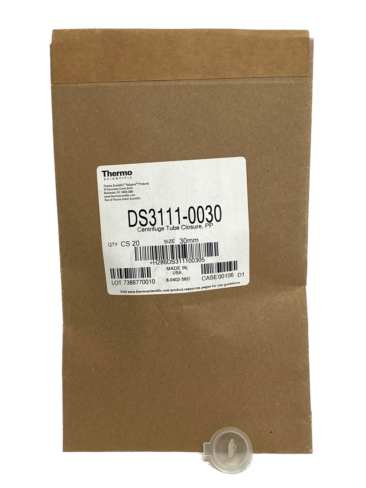 (20/Cs) THERMO NALGENE 30mm Friction-Fit PP Centrifuge Tube Closures DS3111-0030