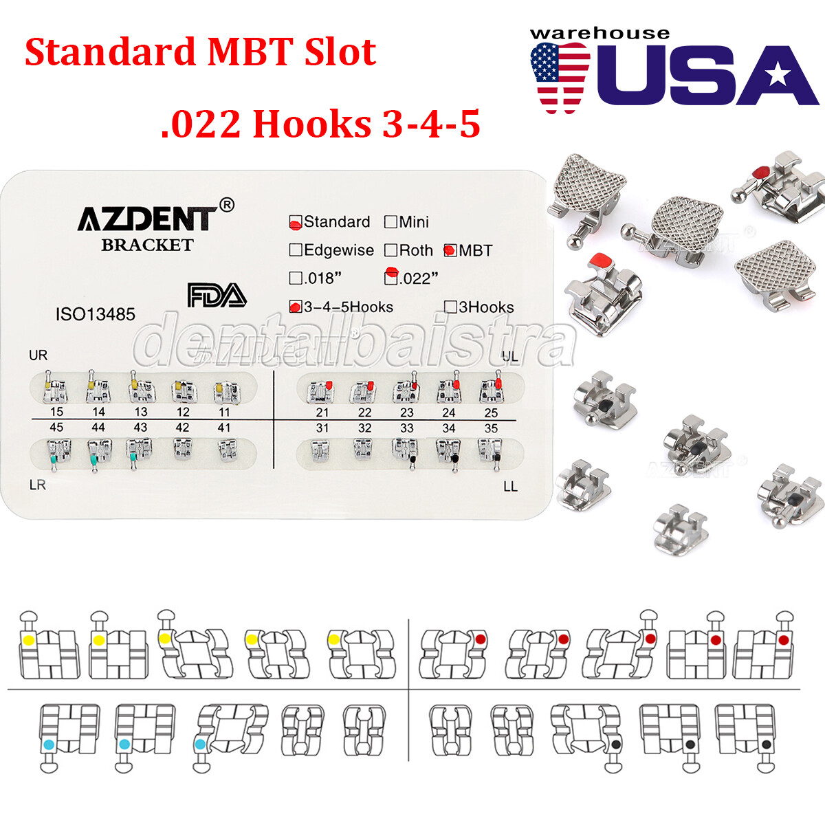 Dental Orthodontic Metal Brackets Braces Standard MBT Slot.022 Hooks 345