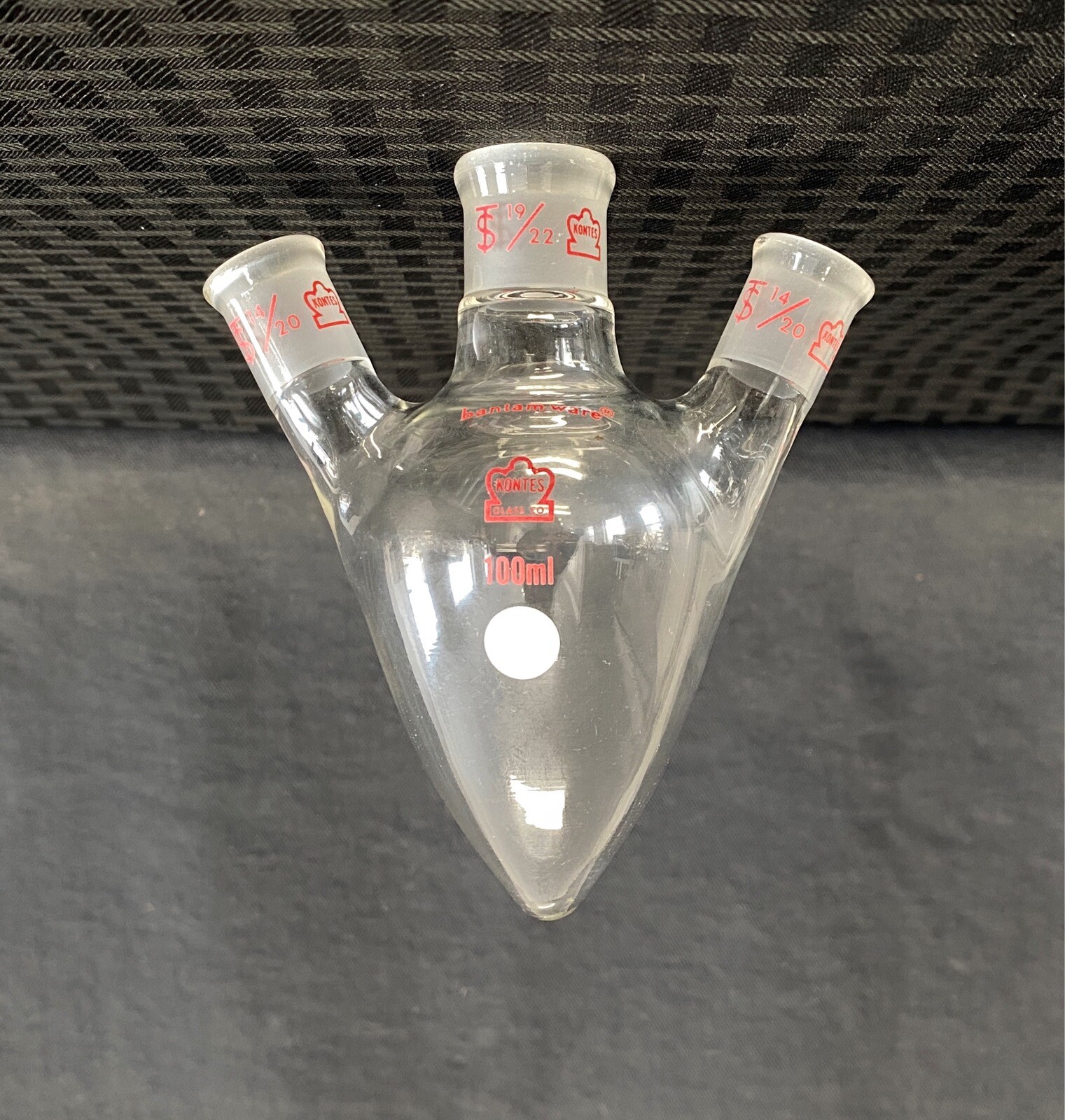 Kontes Glass 100mL Pear Shaped 3-Neck Heavy Wall Distilling Flask 19/22, 14/20