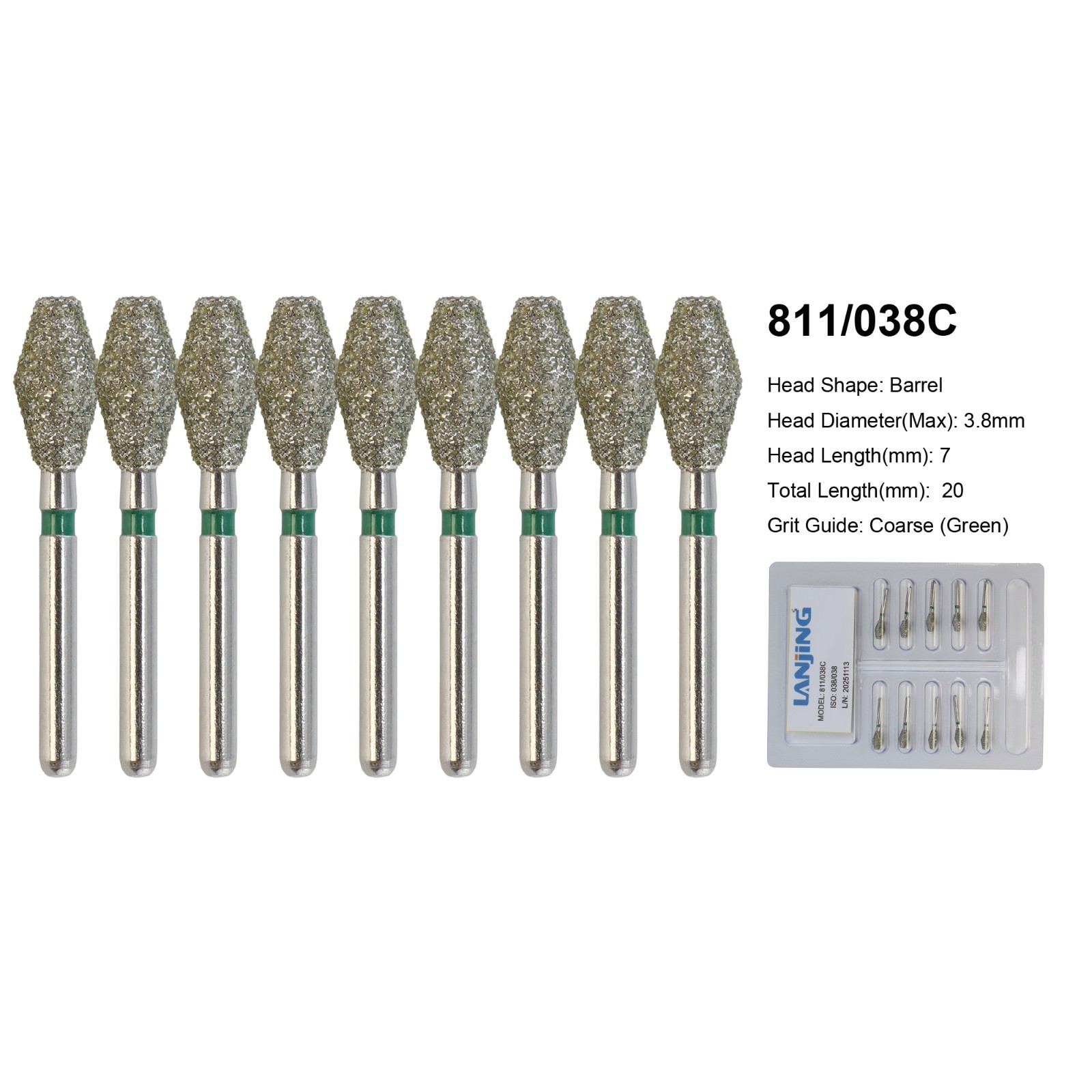 Dental Barrel Diamond Bur FG 811/038C Coarse Green High Speed Friction Grip