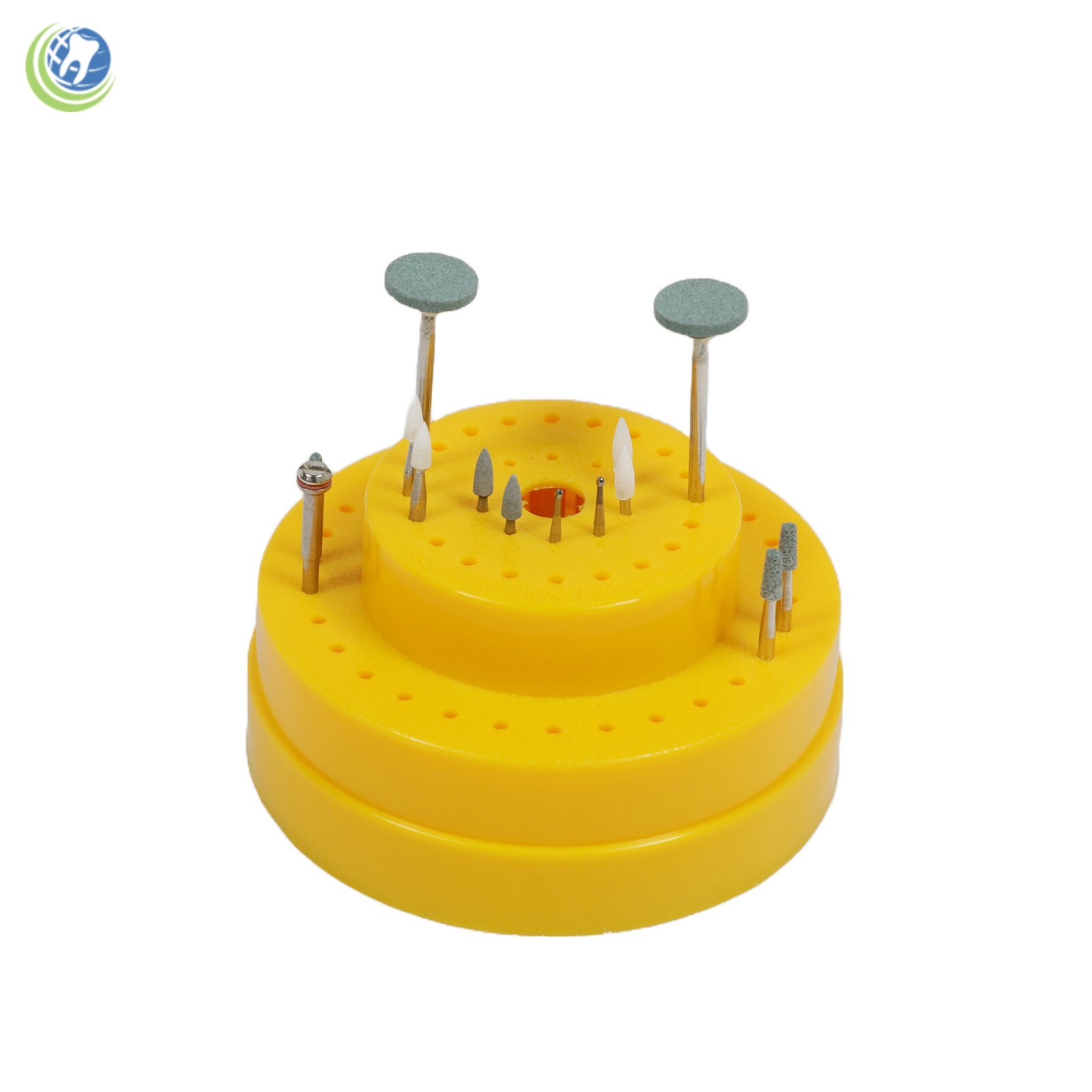 Round Dental Bur Block Holder Station W/ Lid Holds 30 HP 20 RA 10 FG Yellow
