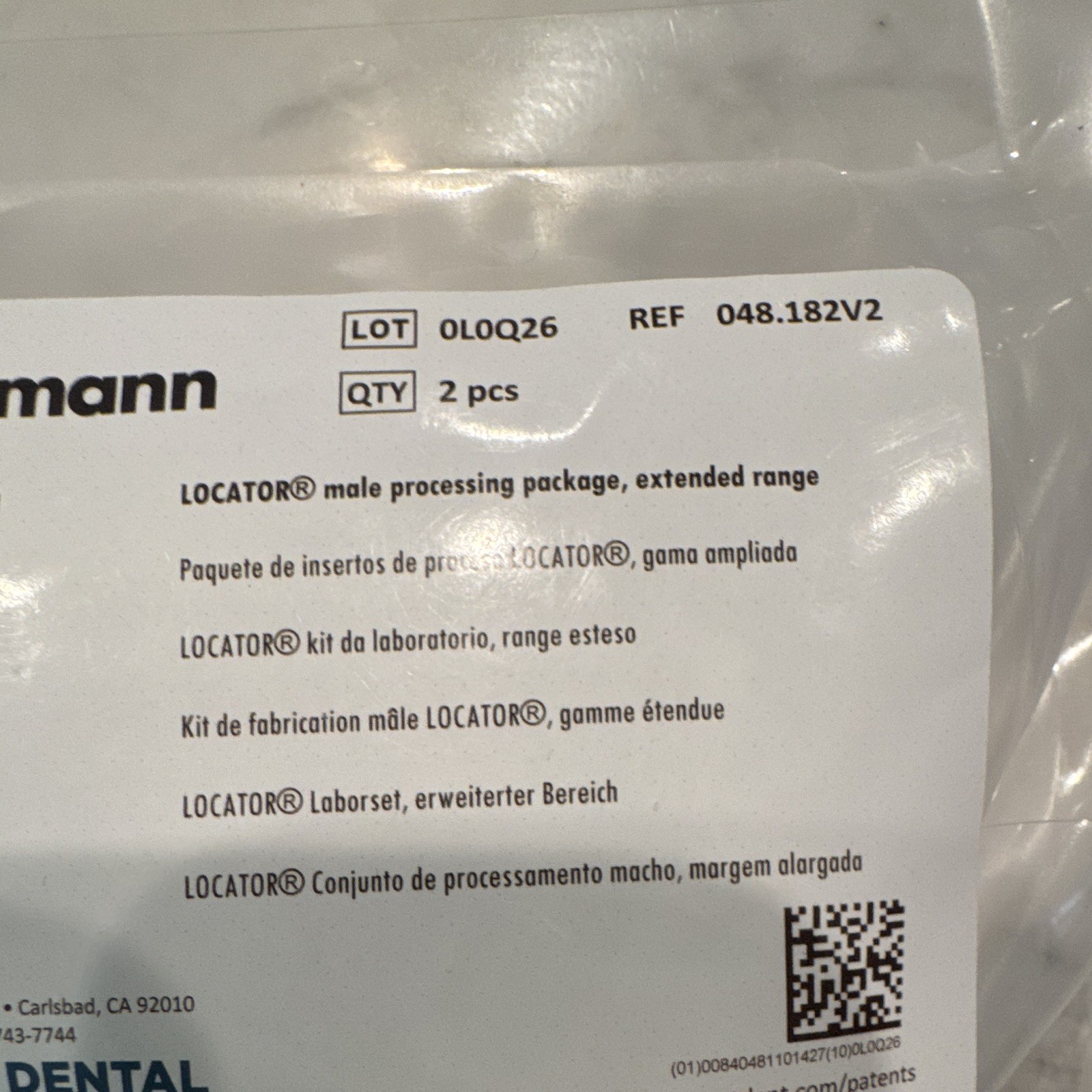 Straumann LOCATOR Male Processing Package Extended Range 048.182V2 Qty 2