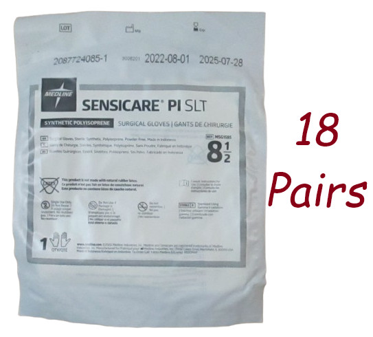 18 Medline Sensicare PI Polyisoprene SLT Latex/Powder-Free Surgical Glove Sz 8.5