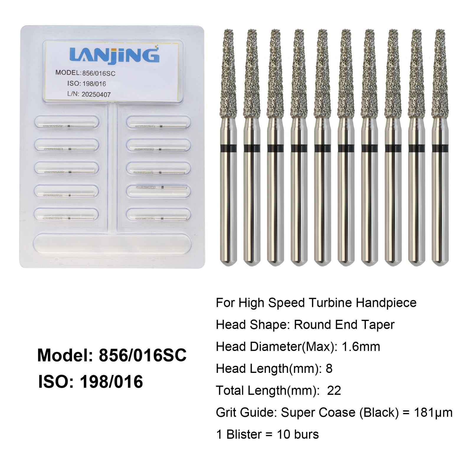 Dental Diamond Burs Round End Taper Football Coarse Fine High Speed 856 850 379