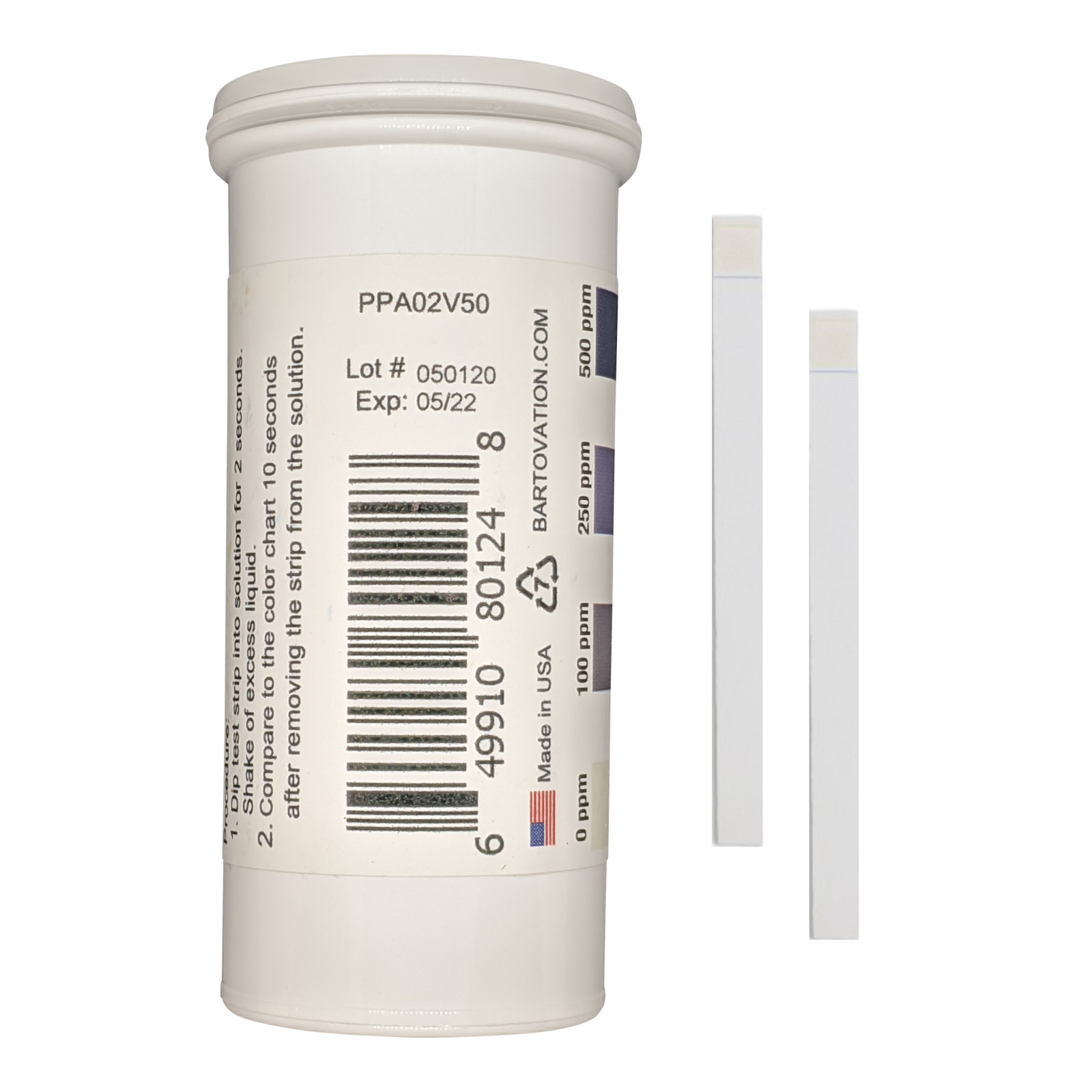 High-level Peracetic Acid Test Strips, 0-500 ppm [Vial of 50 Strips]