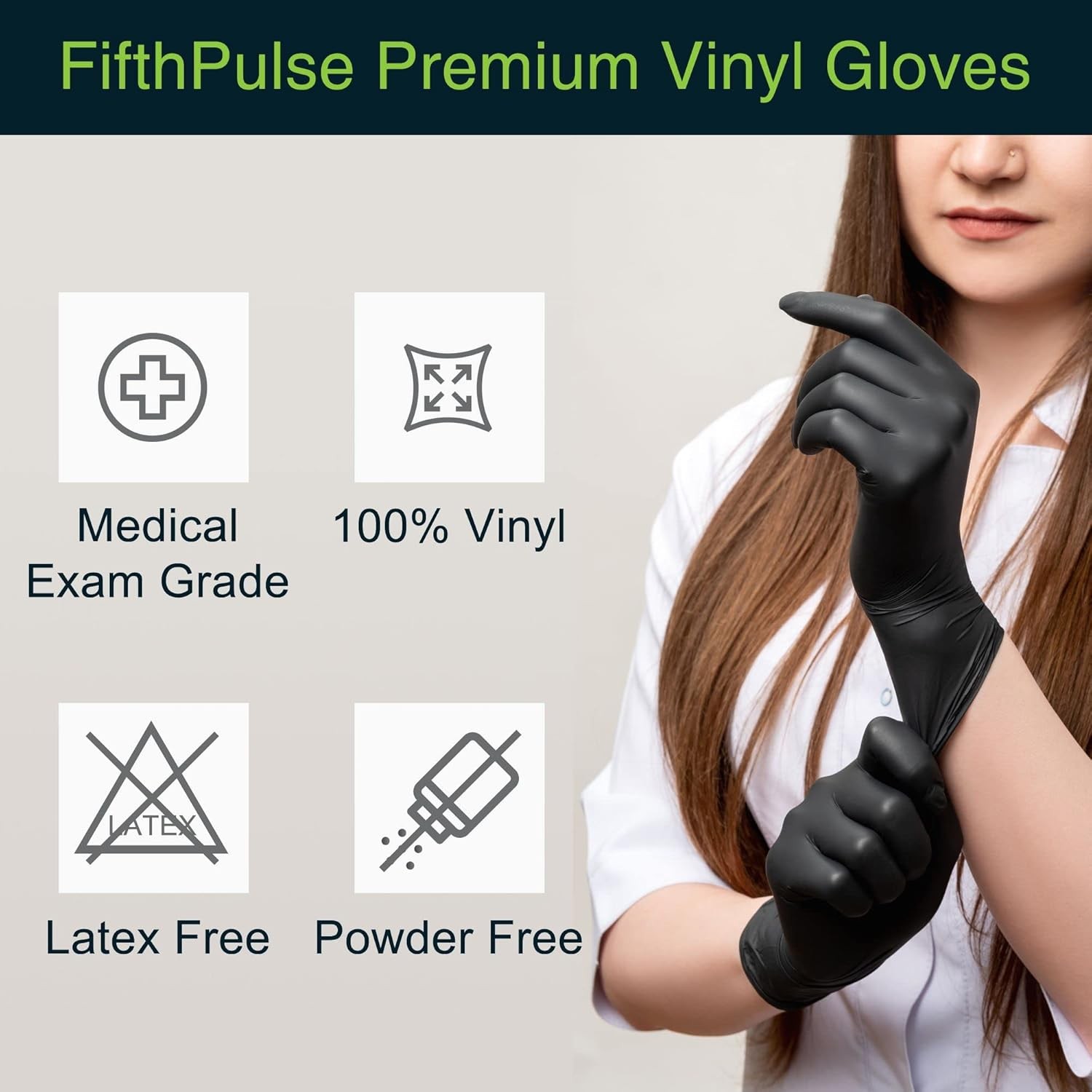 FifthPulse Black Vinyl Disposable Gloves – Powder and Latex Free Medical Exam Gl