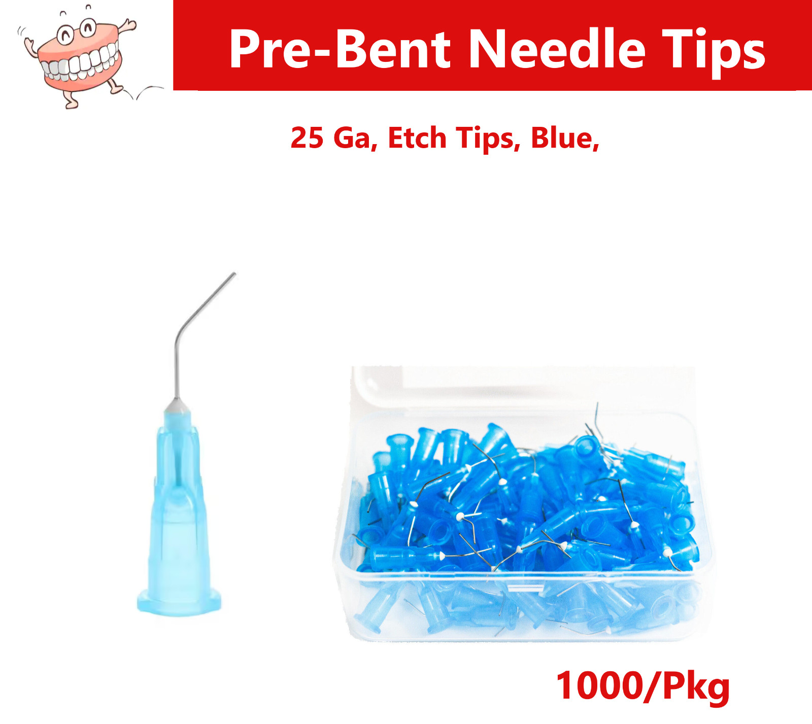 1000 Blue Etch Pre-Bent Applicator Needle Tips, 25 Gauge (10 Bags of 100)