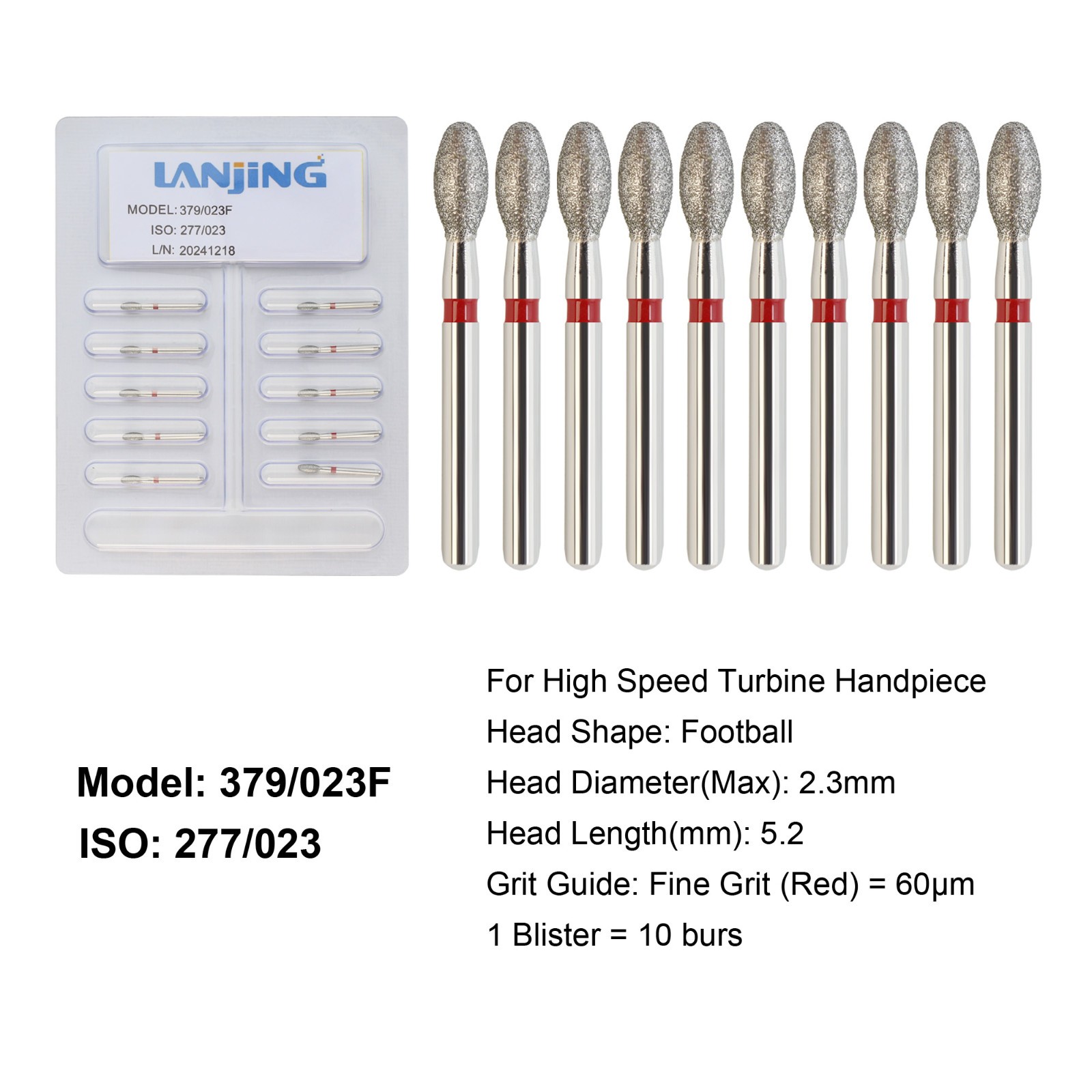 Dental Diamond Burs Round End Taper Football Coarse Fine High Speed 856 850 379