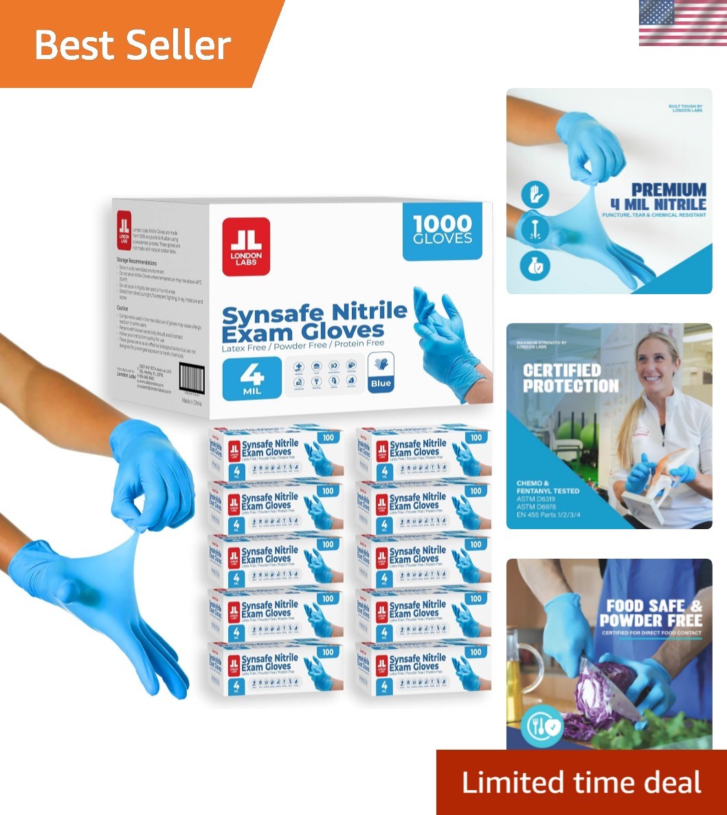 Synsafe 4 Mil – Blue Nitrile Exam Gloves –Disposable Latex Free & Powder Free…