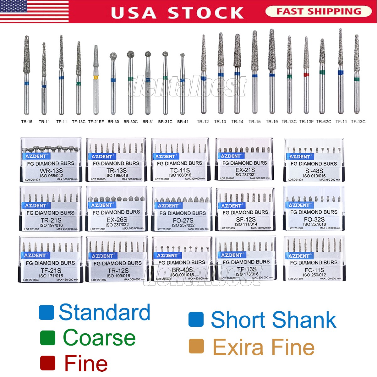100Pc/200Pc AZDENT Dental Diamond Burs polishing Kit FG for High Speed Handpiece