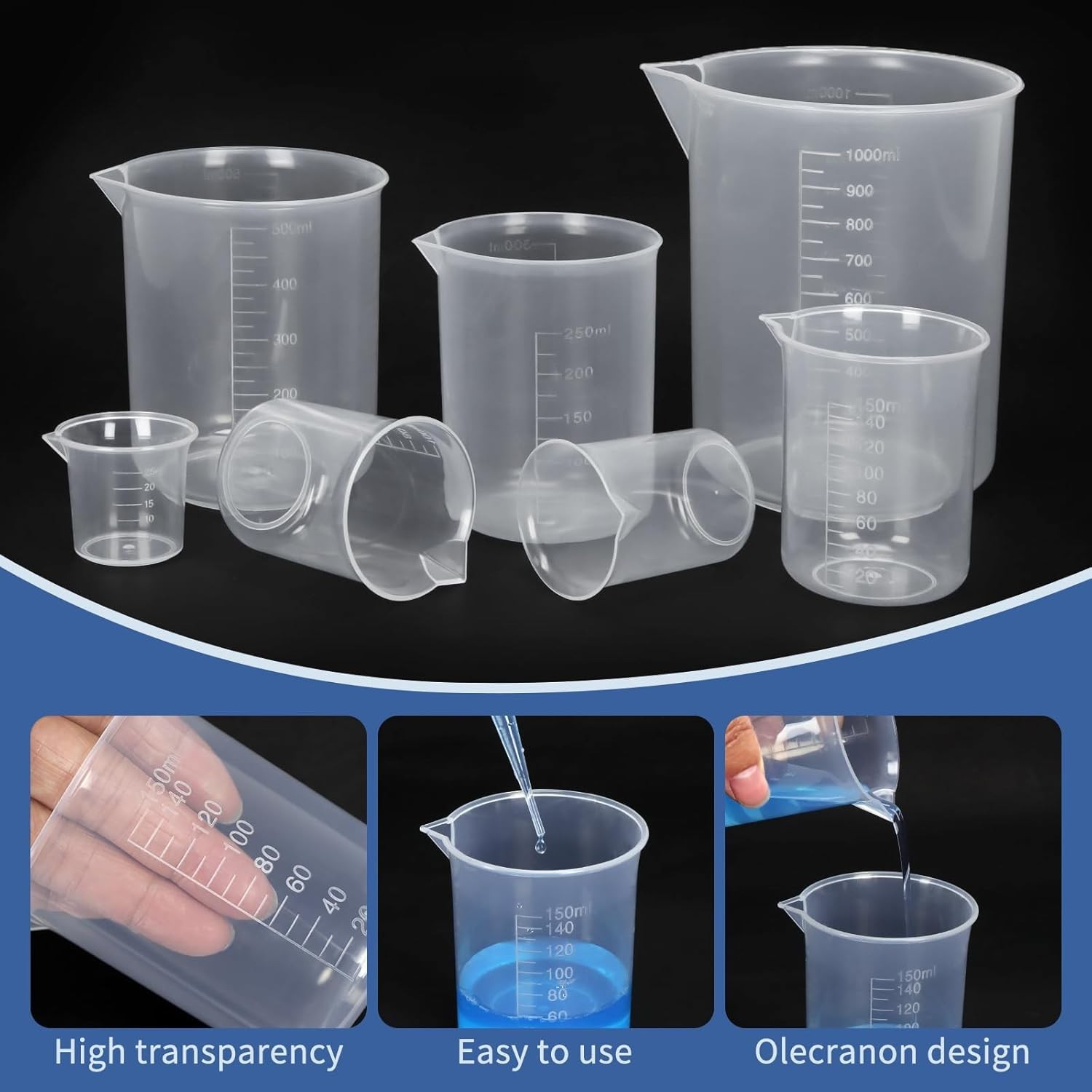 Durable 7 Sizes Clear Beaker Set: 30ml-1000ml with 20 Plastic Droppers Added