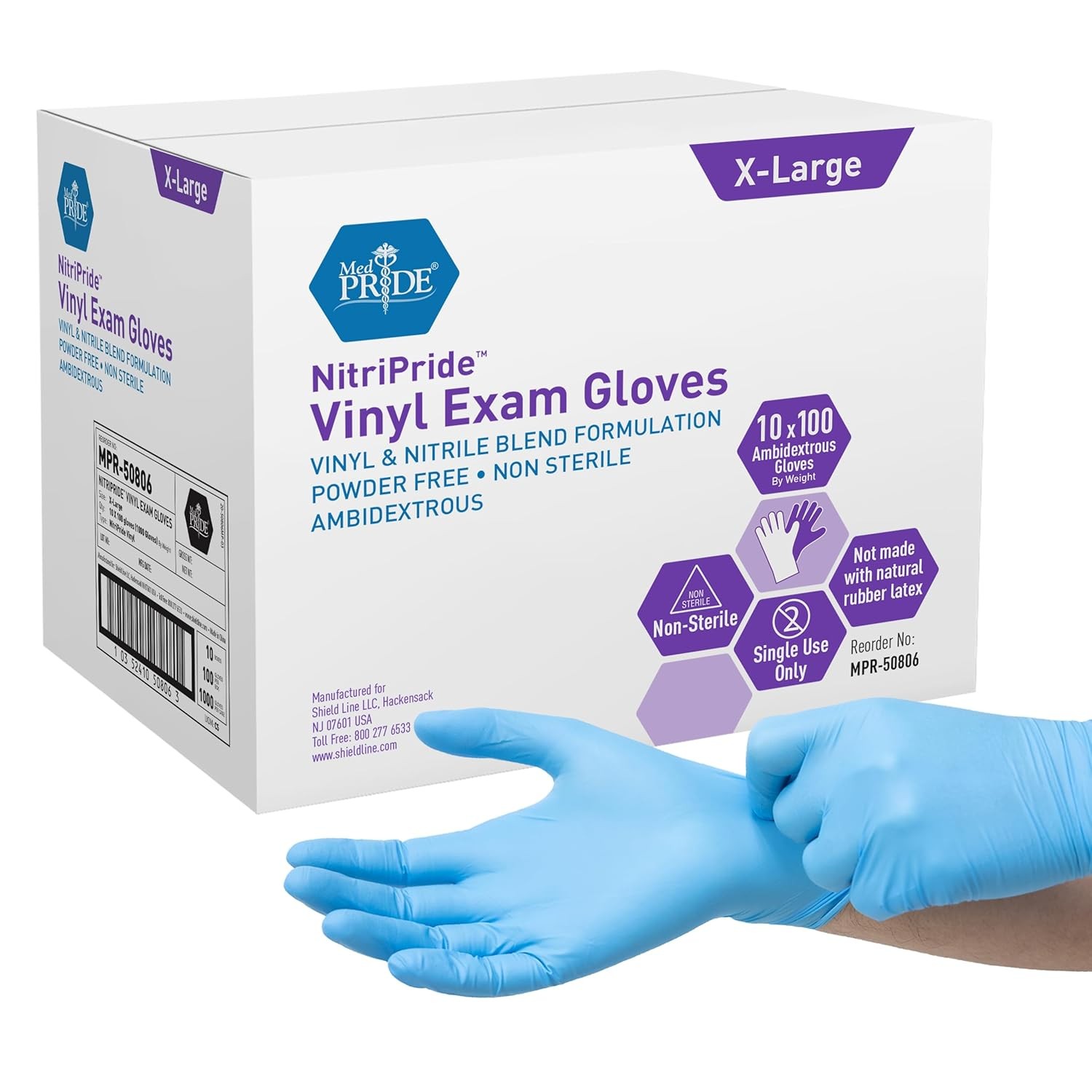 MED PRIDE Nitrile/Vinyl Blend Exam Gloves, Powder-Free, Latex-Free, Disposable,