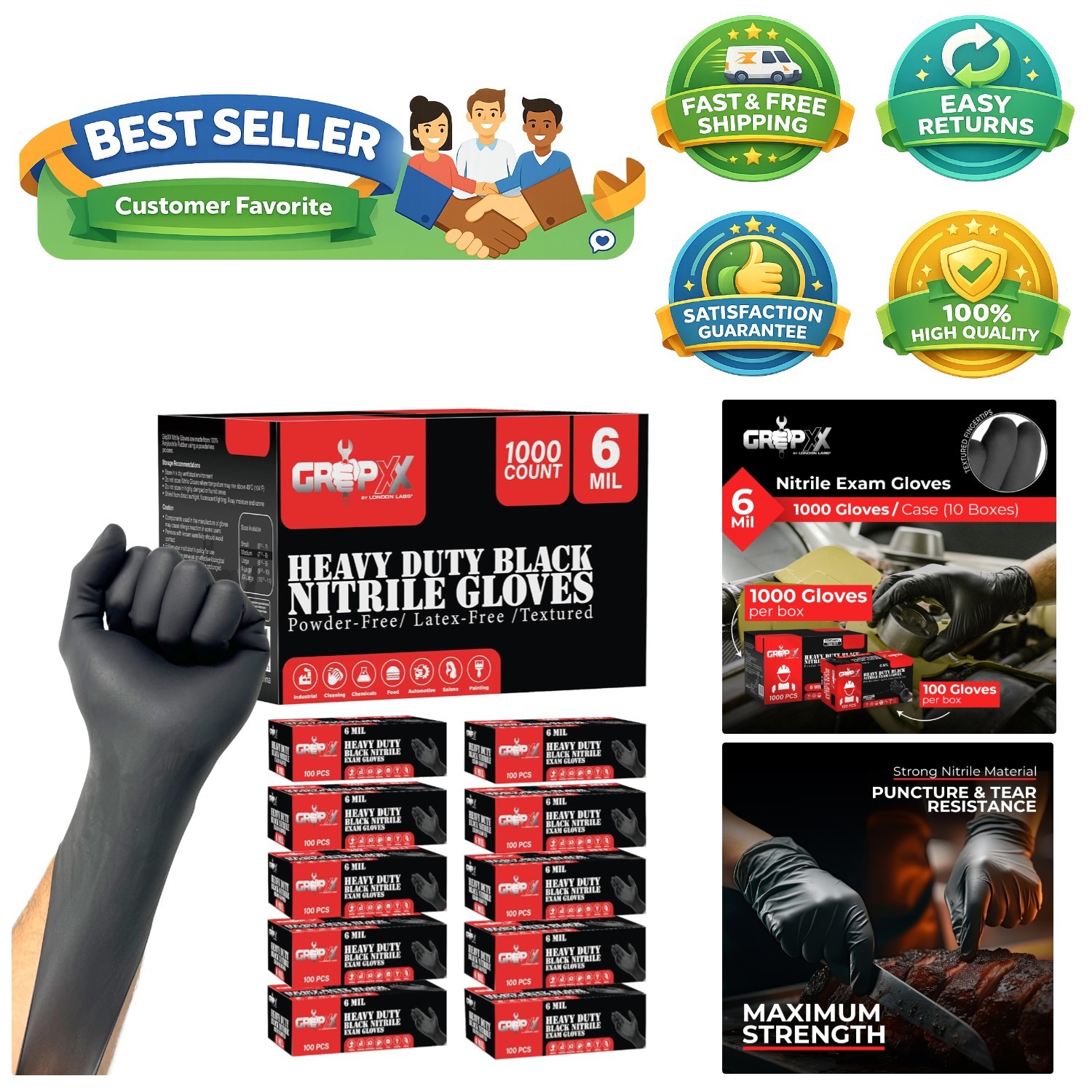 Heavy Duty 6 Mil Black Nitrile Gloves – 1000 Count, Latex-Free & Powder-Free