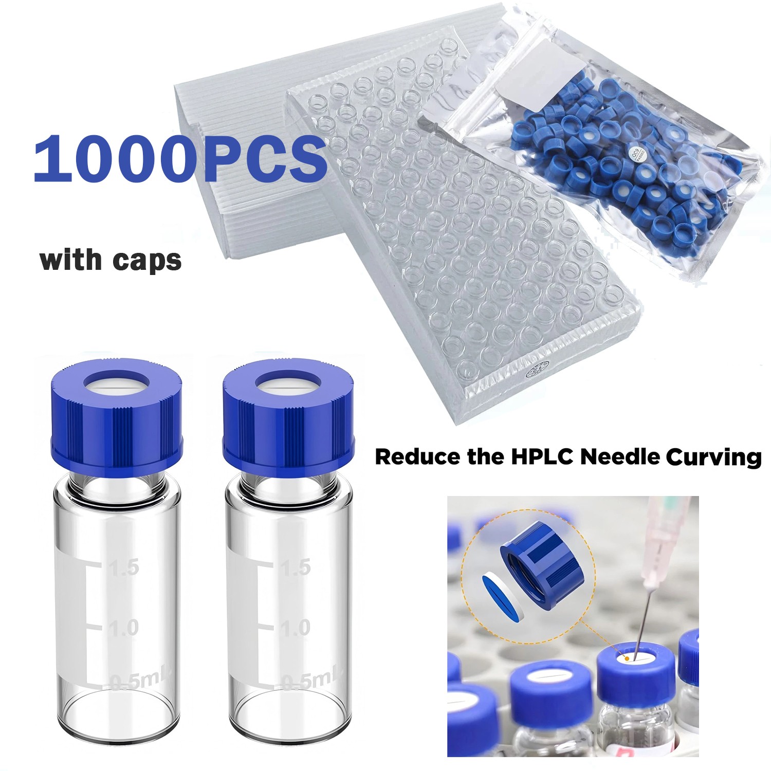 1000PCS 2mL Autosampler Vials, 9-425 GC/HPLC Glass Vials w/ Pre Slit Screw Caps