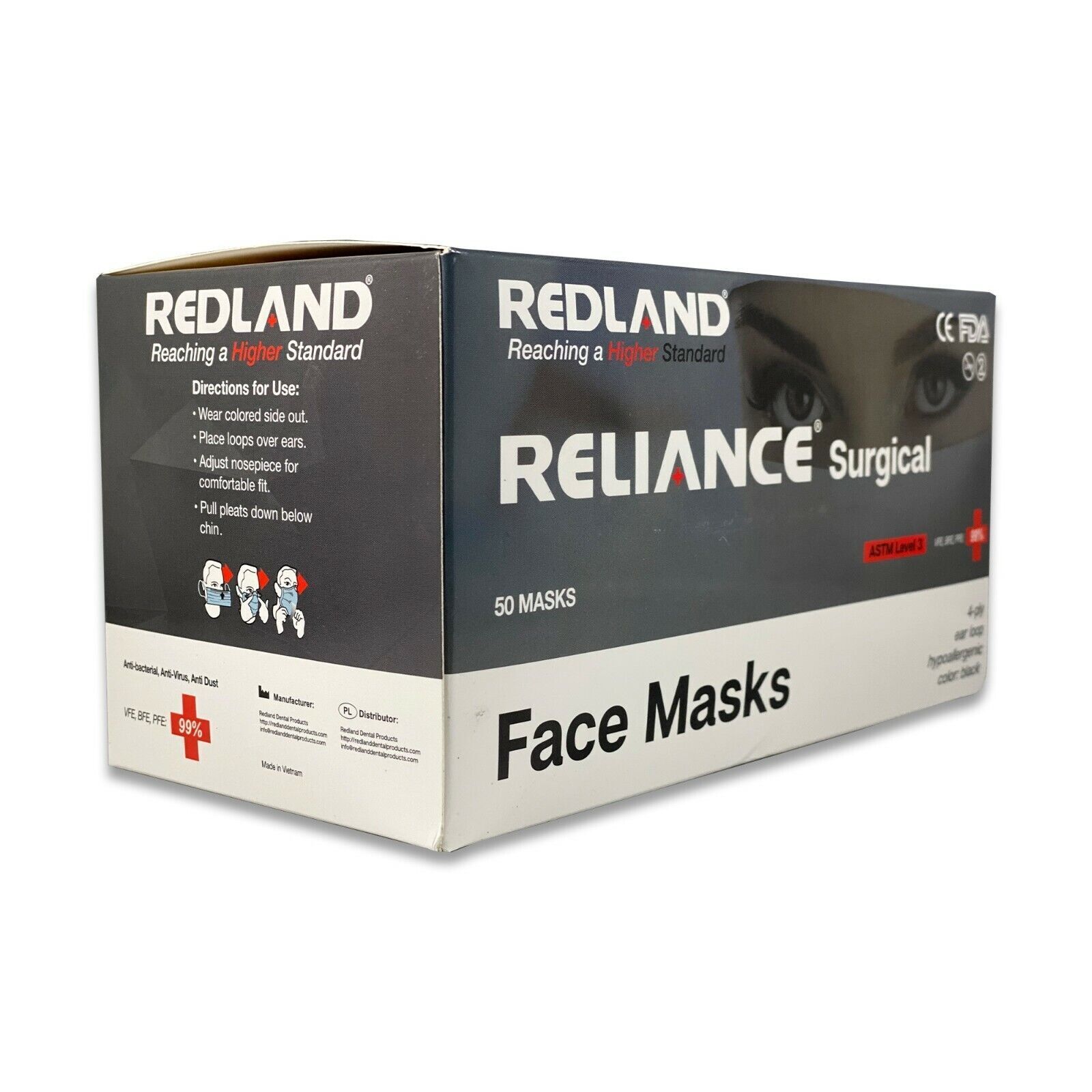 REDLAND RELIANCE Surgical 4ply BLACK Ear loop Face Mask (ASTM LEVEL-3) 50 PC/PK